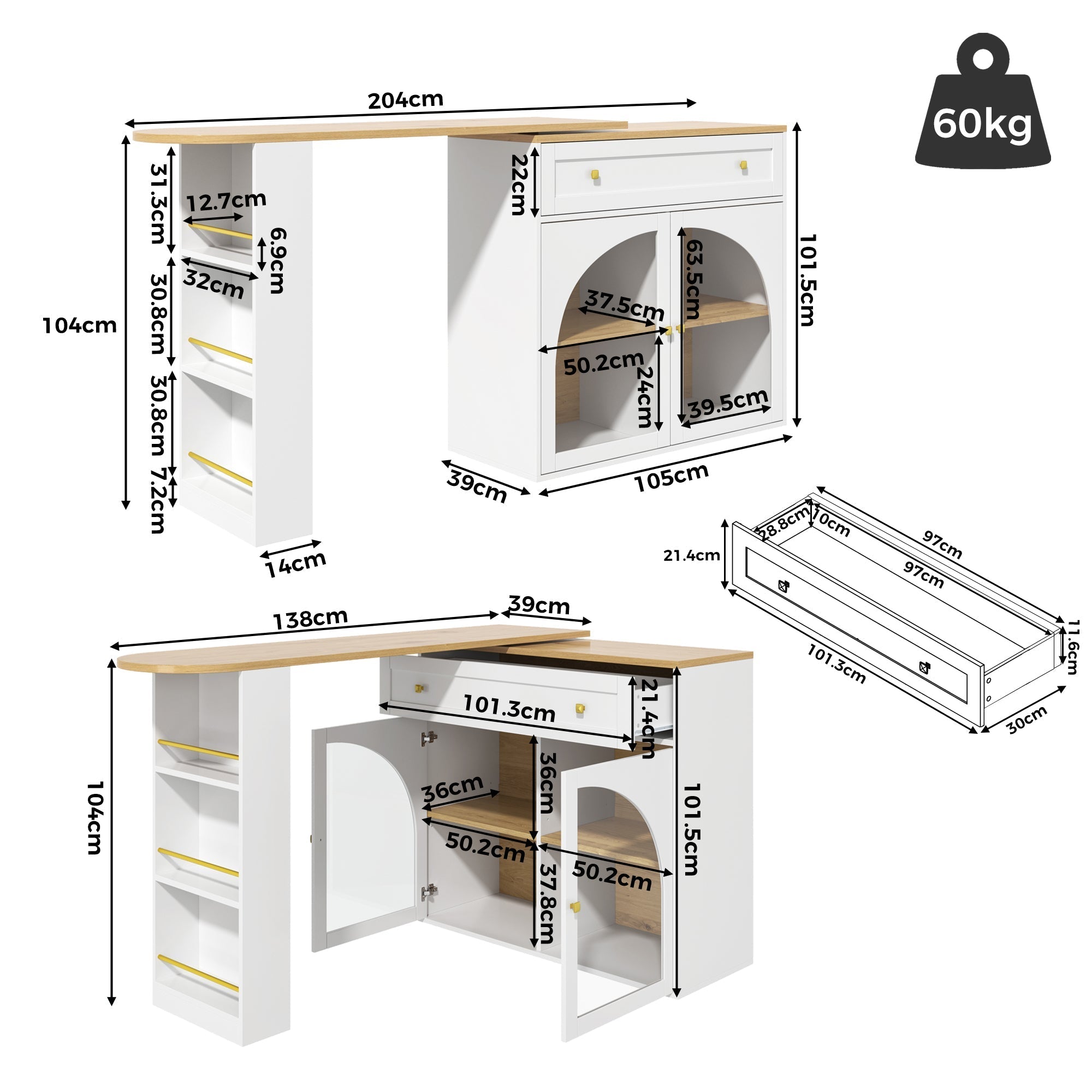 Bar Table Extendable 360° Rotating Storage with Shelves & Glass - White