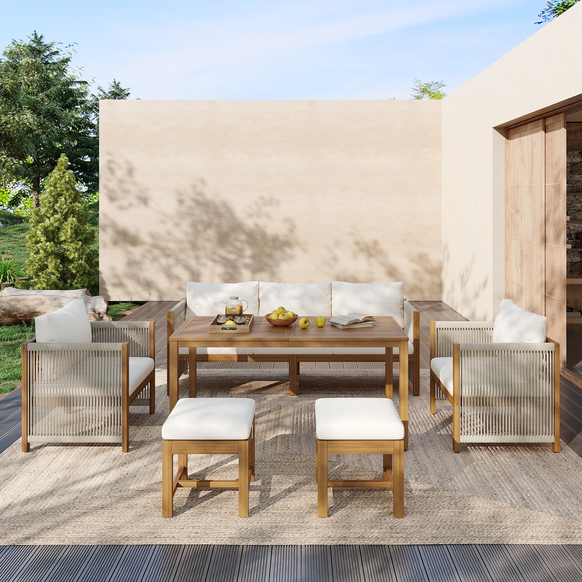 Garden Furniture Set, 6-Piece Modular Sectional with 3-Seater Sofa, 2 Chairs, 2 Stools and Acacia Table, Beige