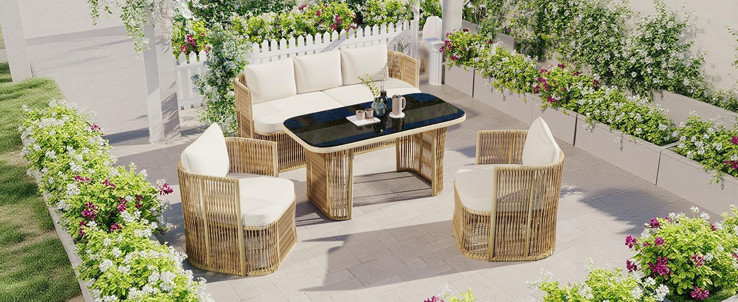 4-Piece Garden Furniture Set with 3-Seater Sofa, 2 Armchairs and Glass Table, PE Rattan and Steel