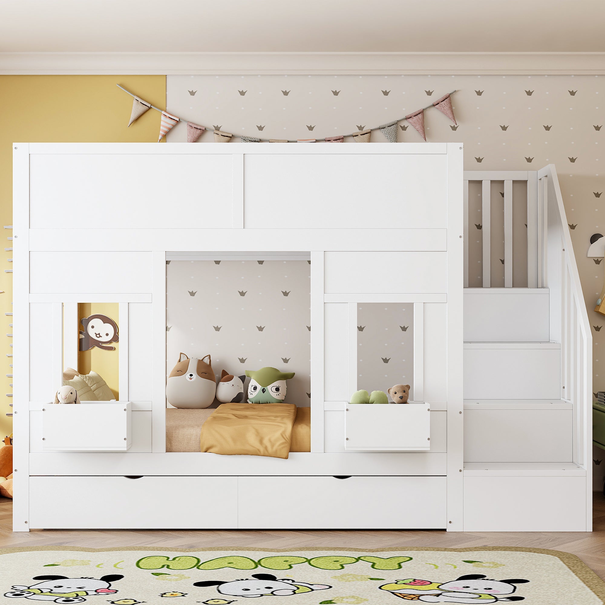 Bunk Bed with Storage Stairs, Drawers and Windows, 90x200cm, Wood