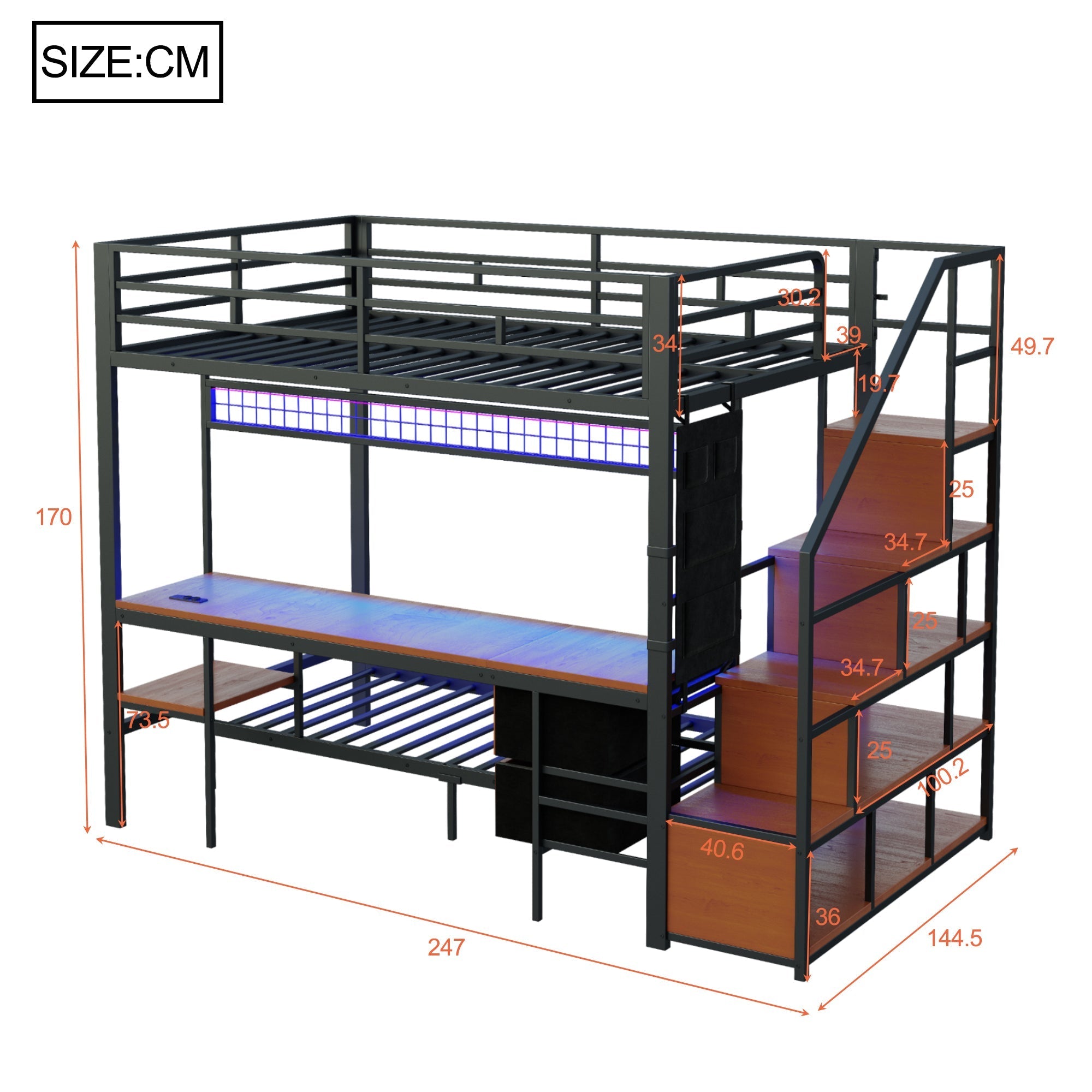 Metal Loft Bunk Bed Multifunctional with Desk LED Light Power Outlets Storage 140x200/90x200 Black