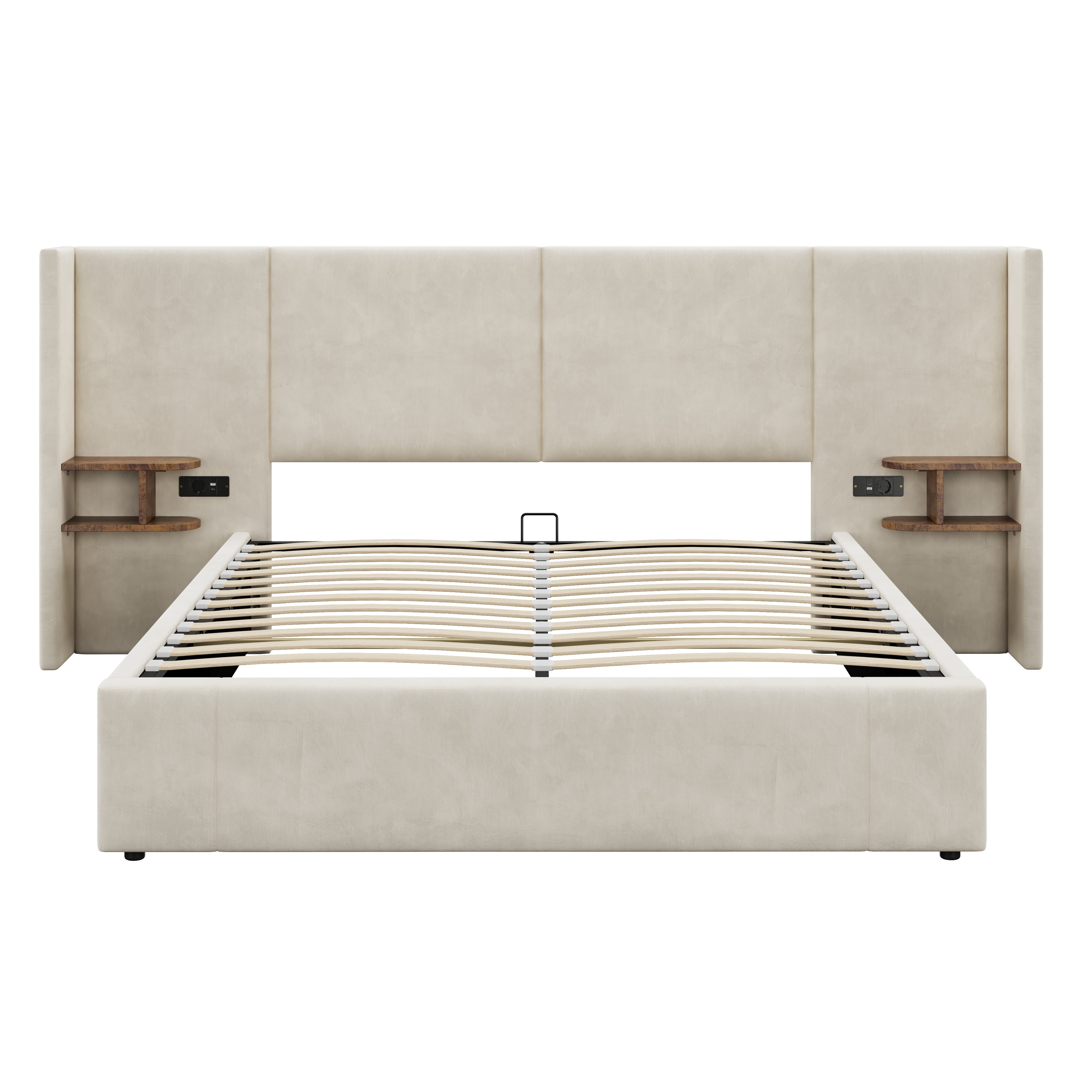 Upholstered Storage Bed with Hydraulic Lift, USB Charging & Two Bedside Tables, Beige