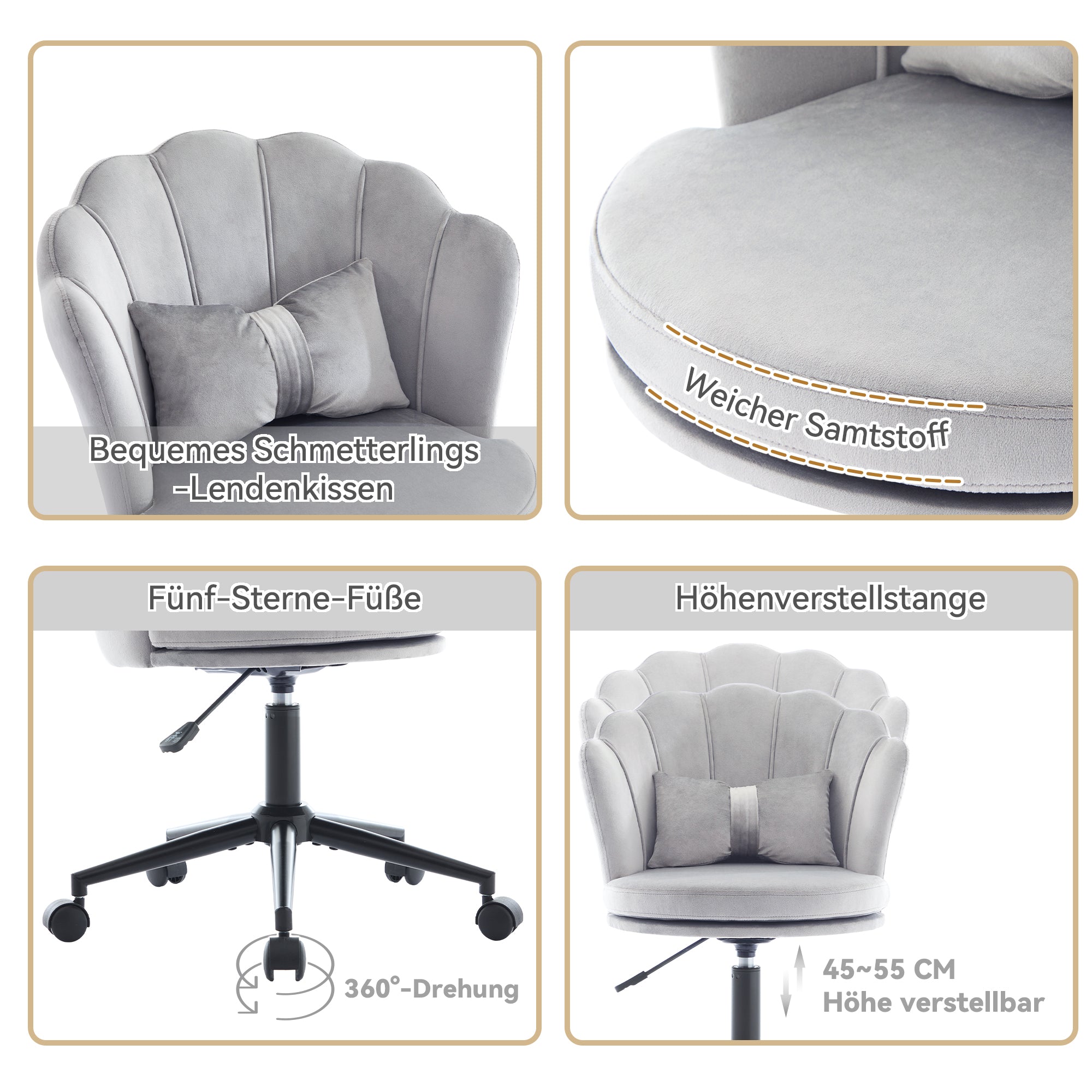 Dressing/Office Chair, Petal Backrest Butterfly Lumbar Cushion Height Adjustable, Soft Seat Cushion