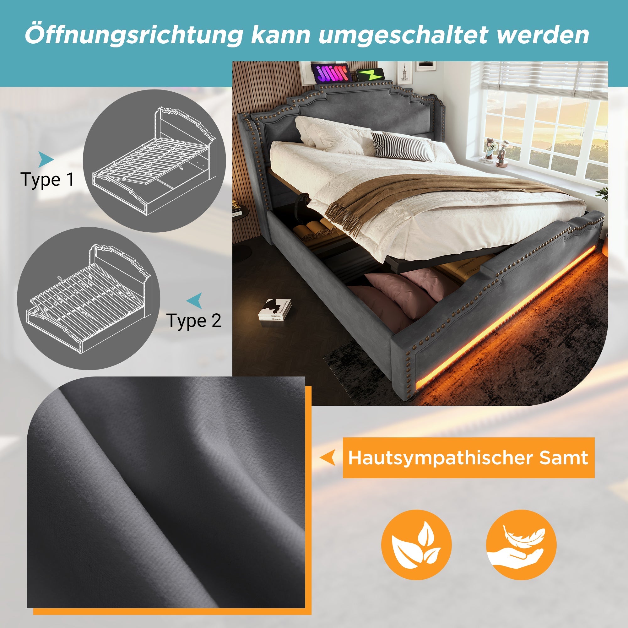 Upholstered Bed 160x200 Hydraulic Storage LED/USB Velvet Grey (with Mattress)