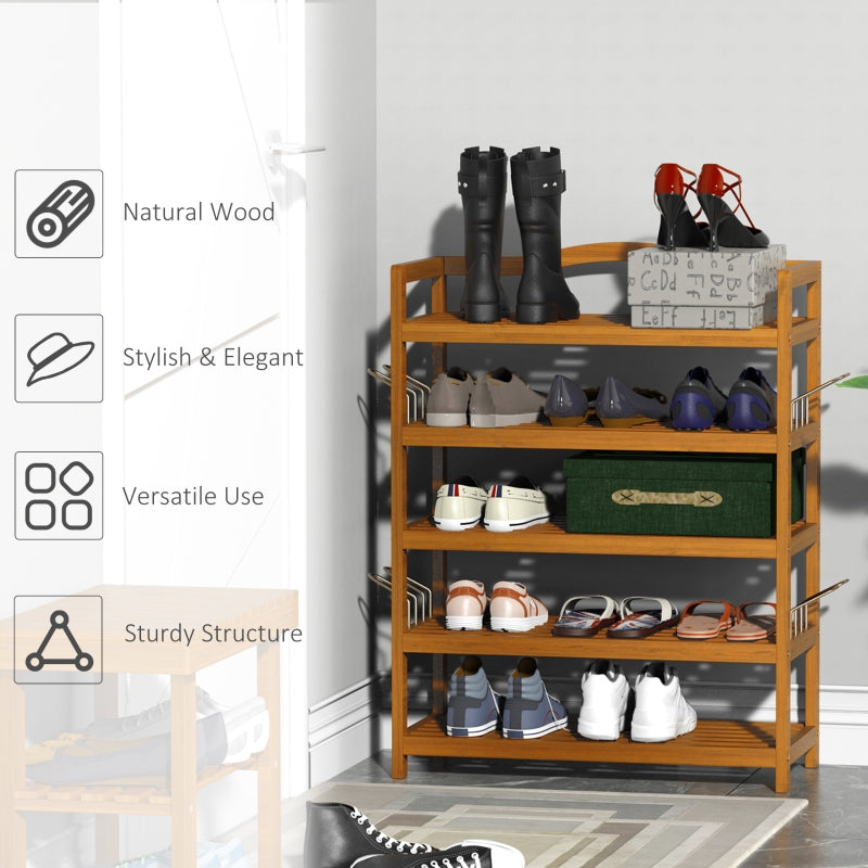 5-Tier Shoe Rack, Storage Organiser with Hangers for 24 Pairs, Teak Acacia Wooden
