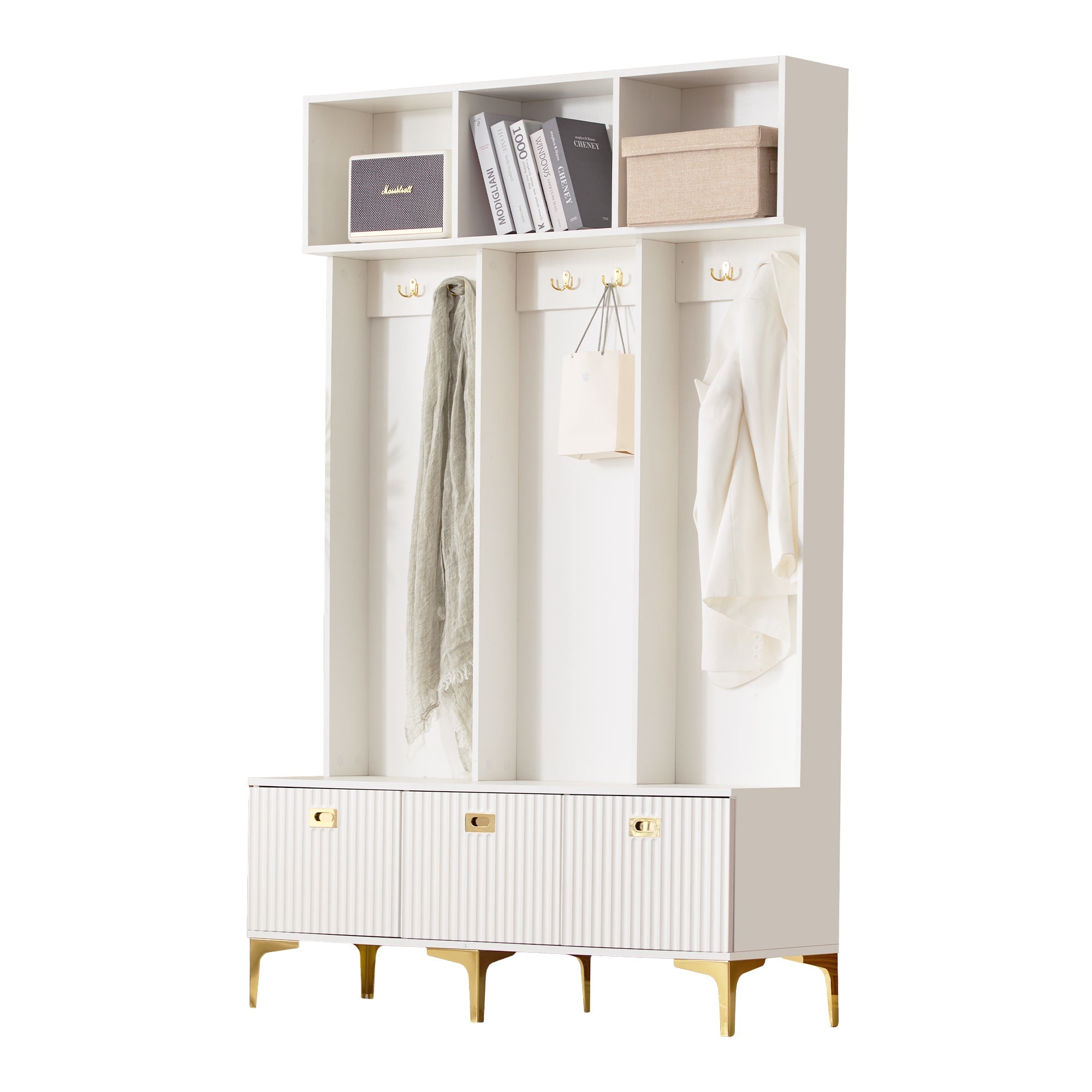 Wardrobe Set with Bench, Multifunctional Storage, 6 Hooks, White