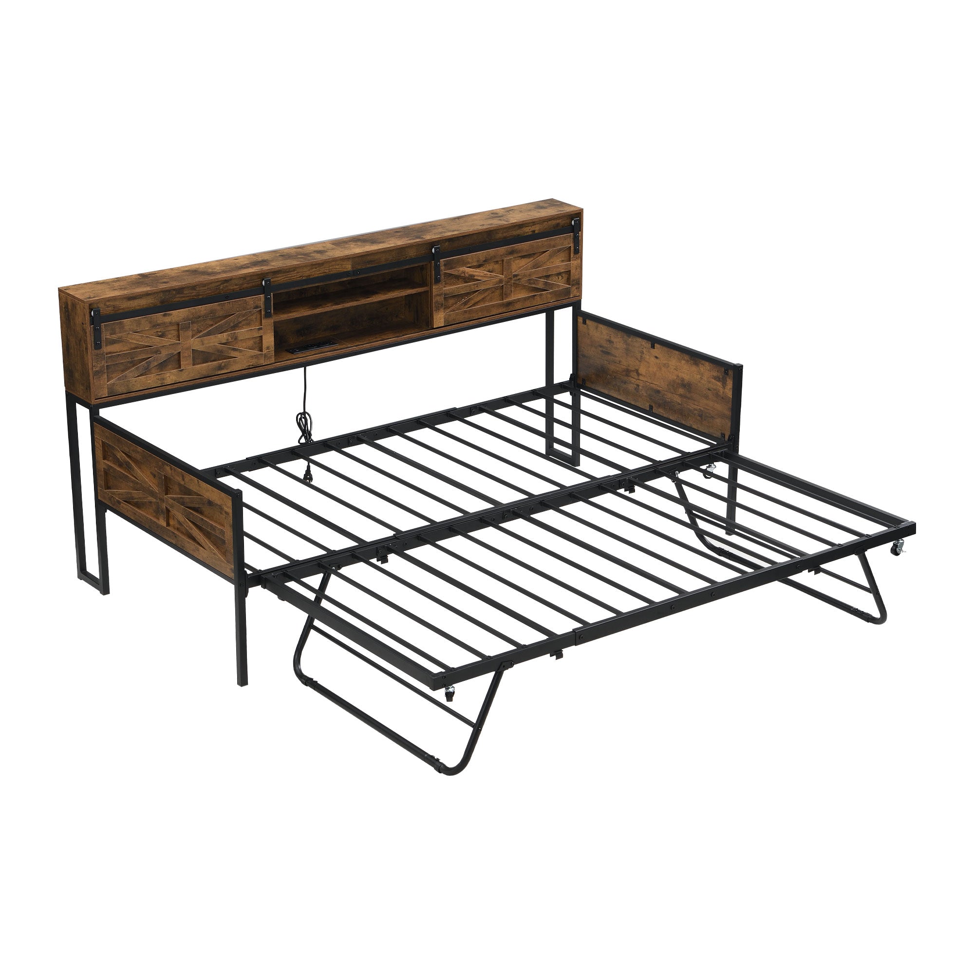 Sofa Bed, Pull-out with Storage & Sockets, Iron Black + Brown