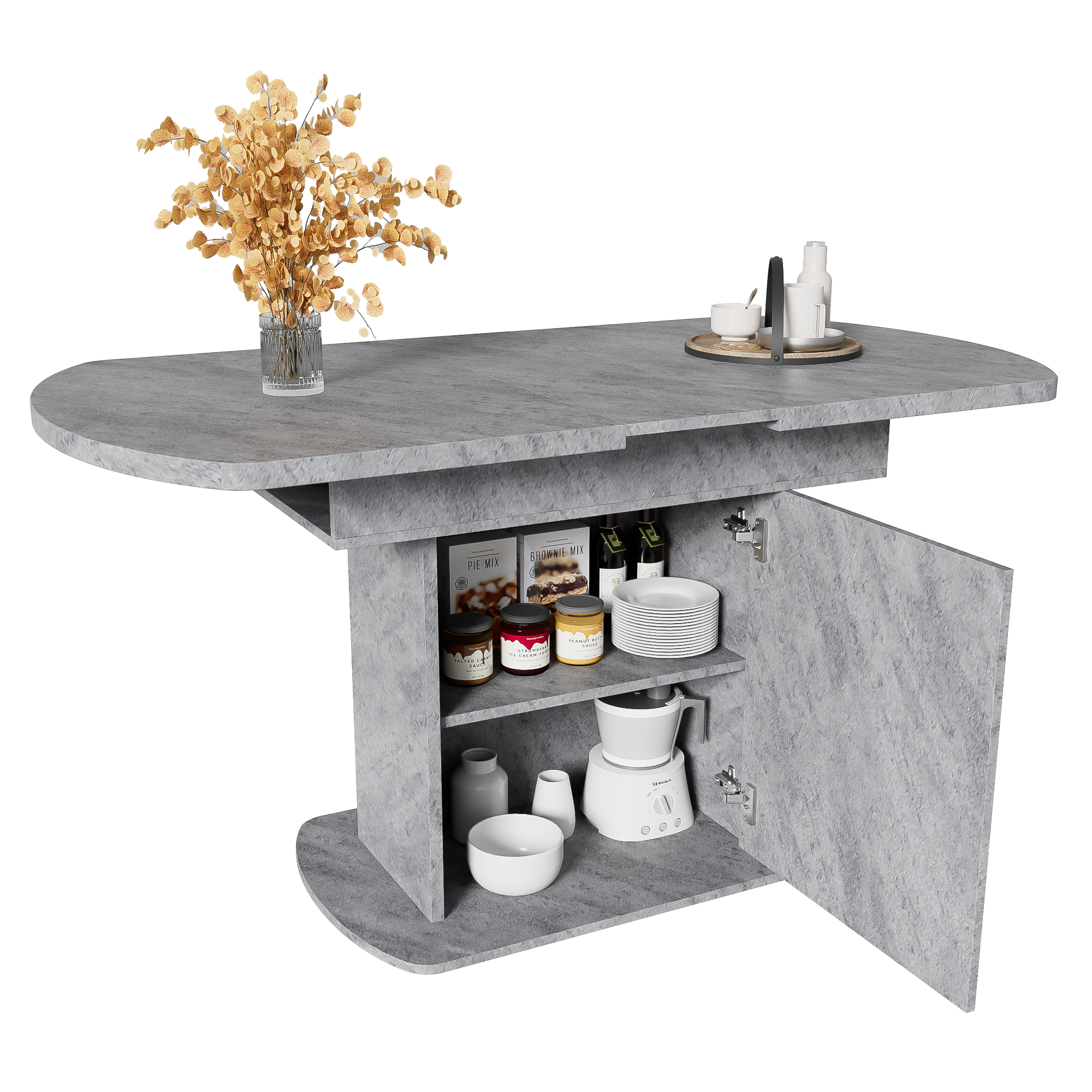 Extendable Oval Dining Table with Storage and Minimalist Design, Concrete Look and Silver Handle
