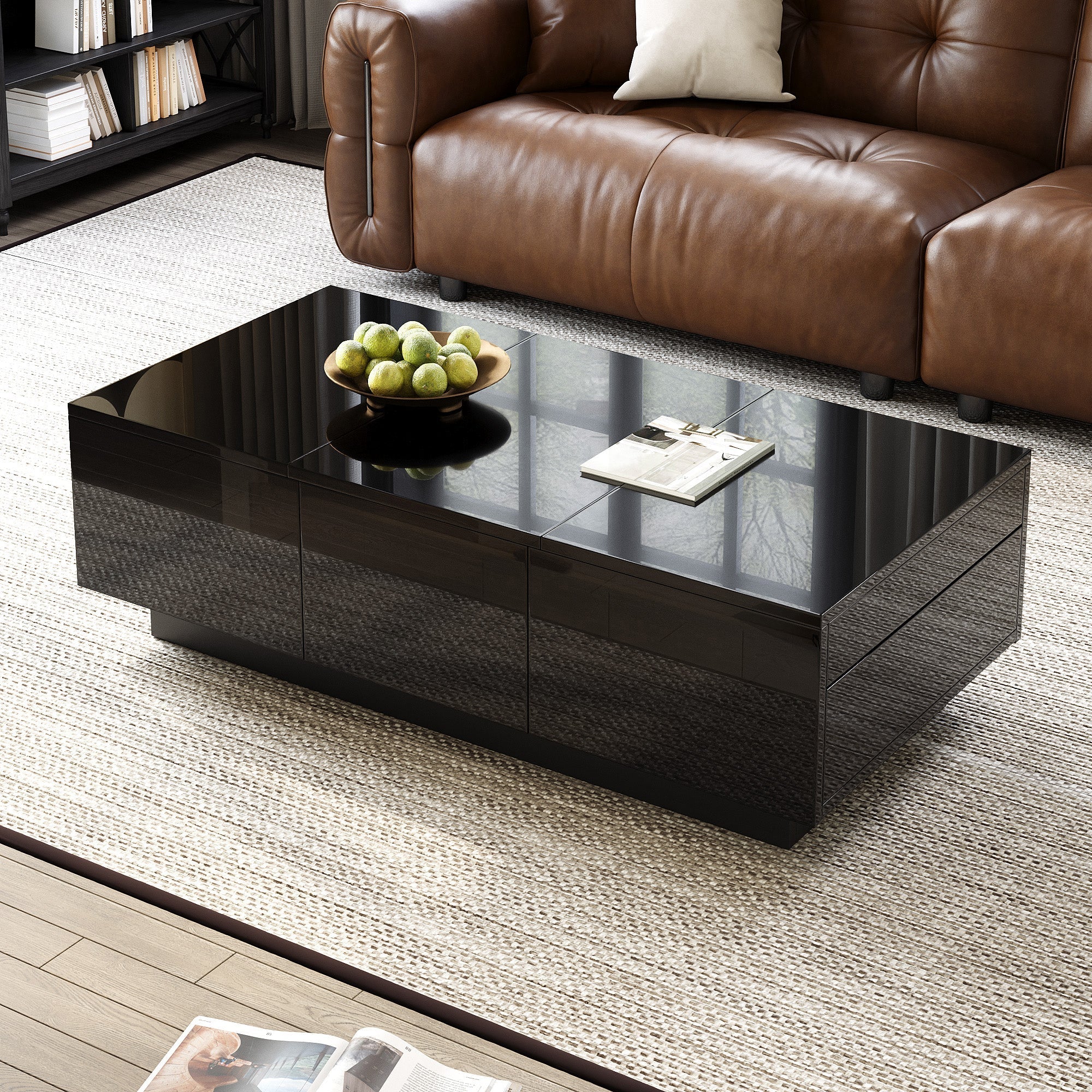 Coffee Table Modern Rectangular High-Gloss with Drawers Sliding Compartment Black
