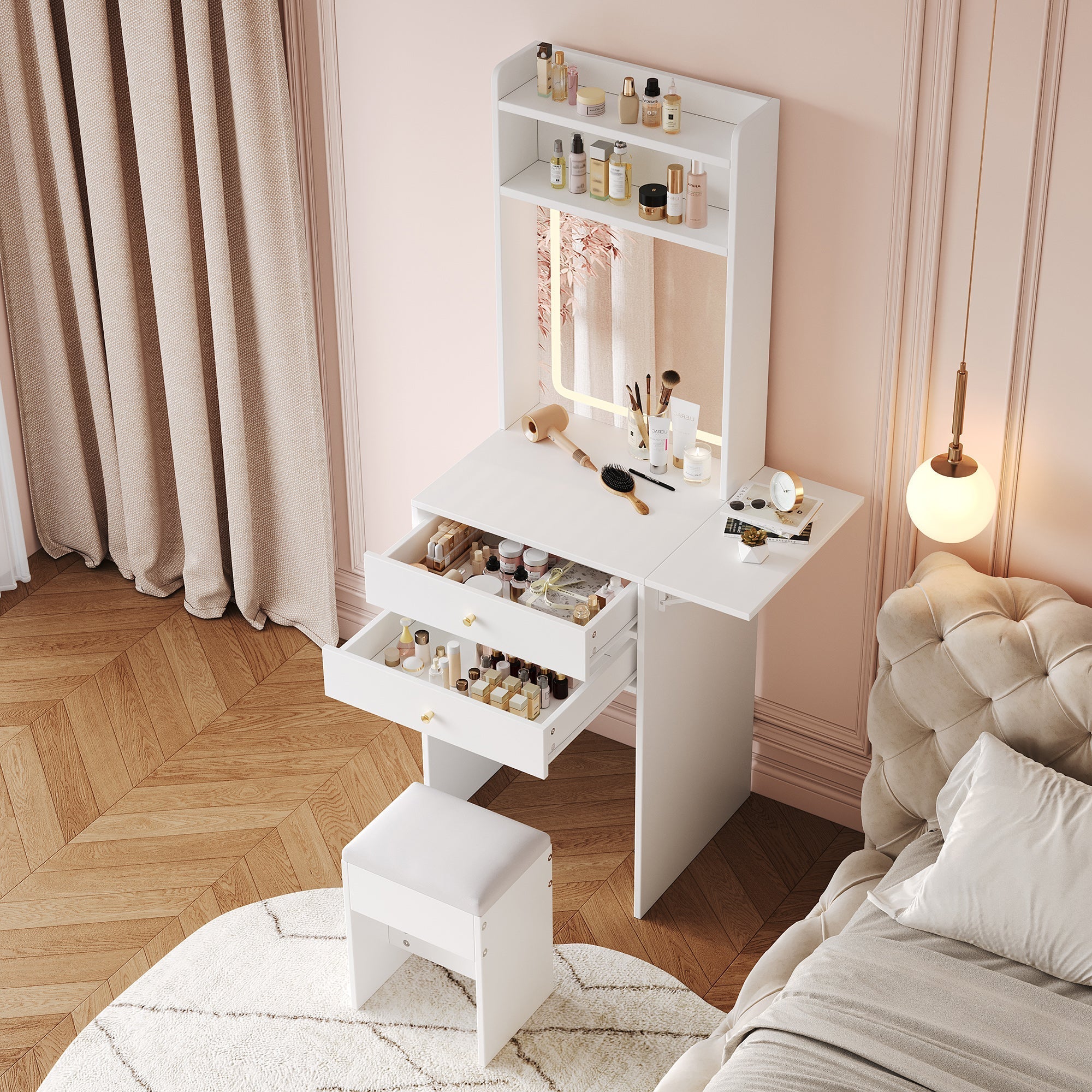 Small dressing table with adjustable LED lighting, stool, 2 drawers, 2 open compartments, and 22cm foldable tabletop, white