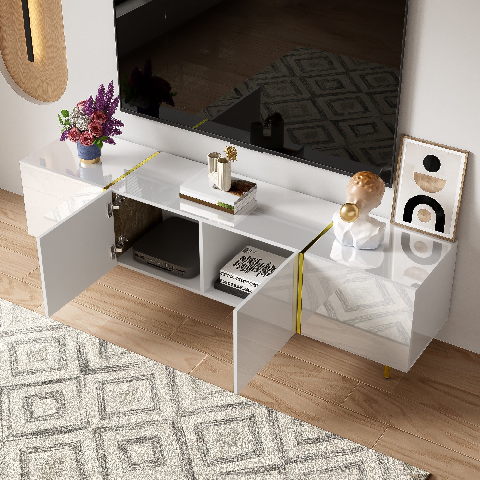 TV cabinet, four doors, modern, white