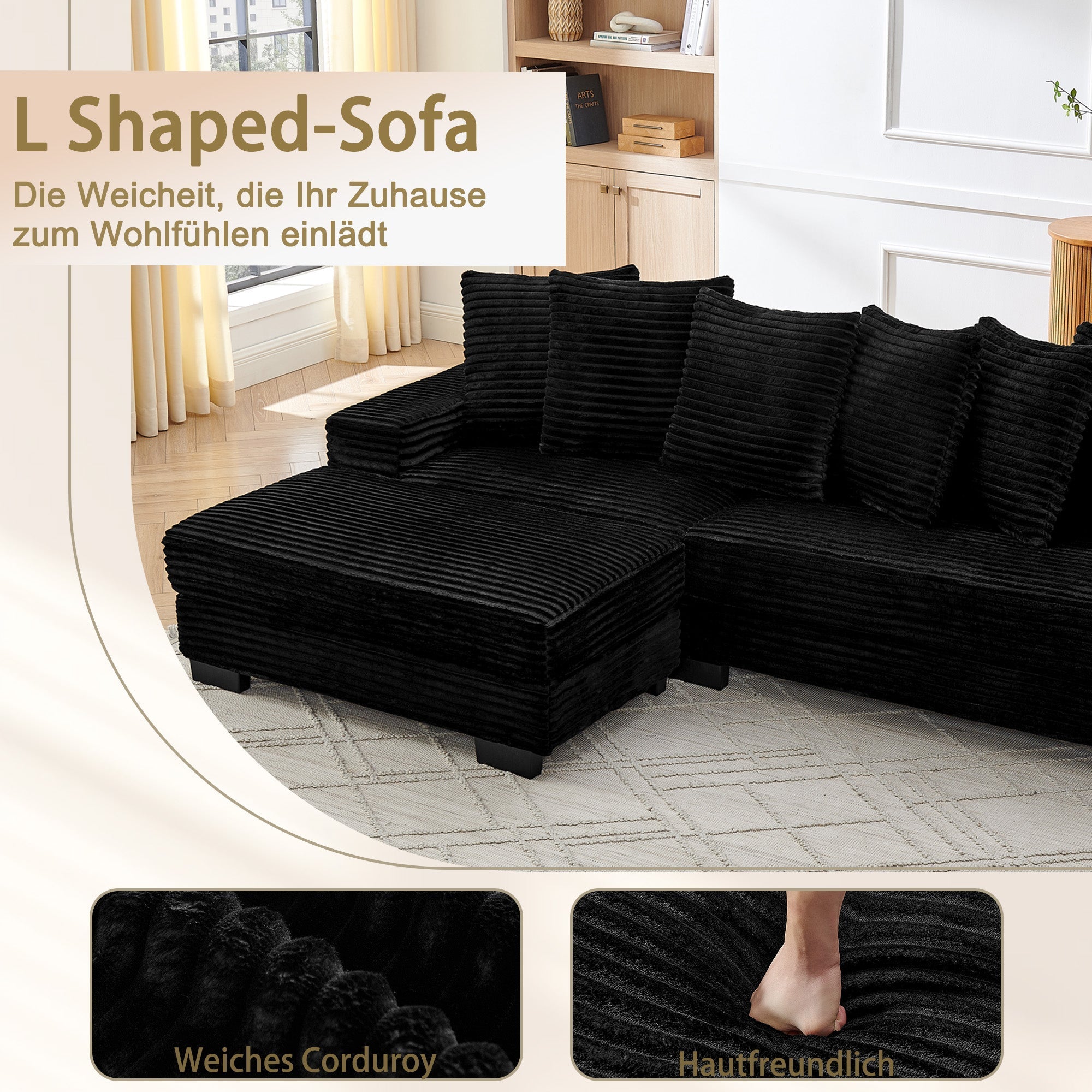 L-Shaped Corner Sofa 4-Seater Modular with 6 Cushions Corduroy Black