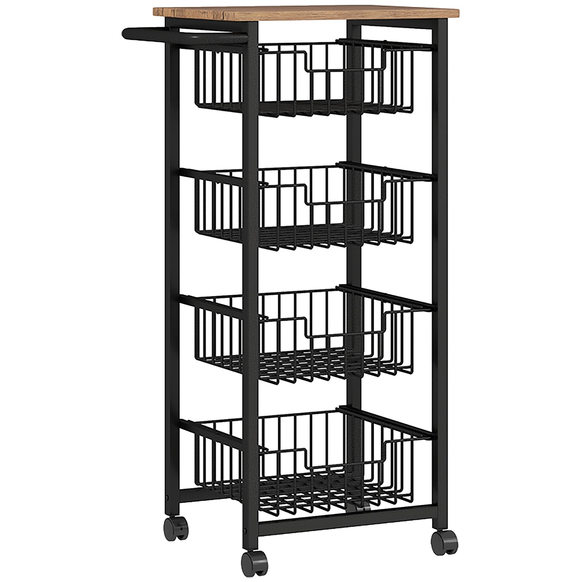 Kitchen Trolley Serving Cart with Worktop, 4 Extendable Baskets, Oak