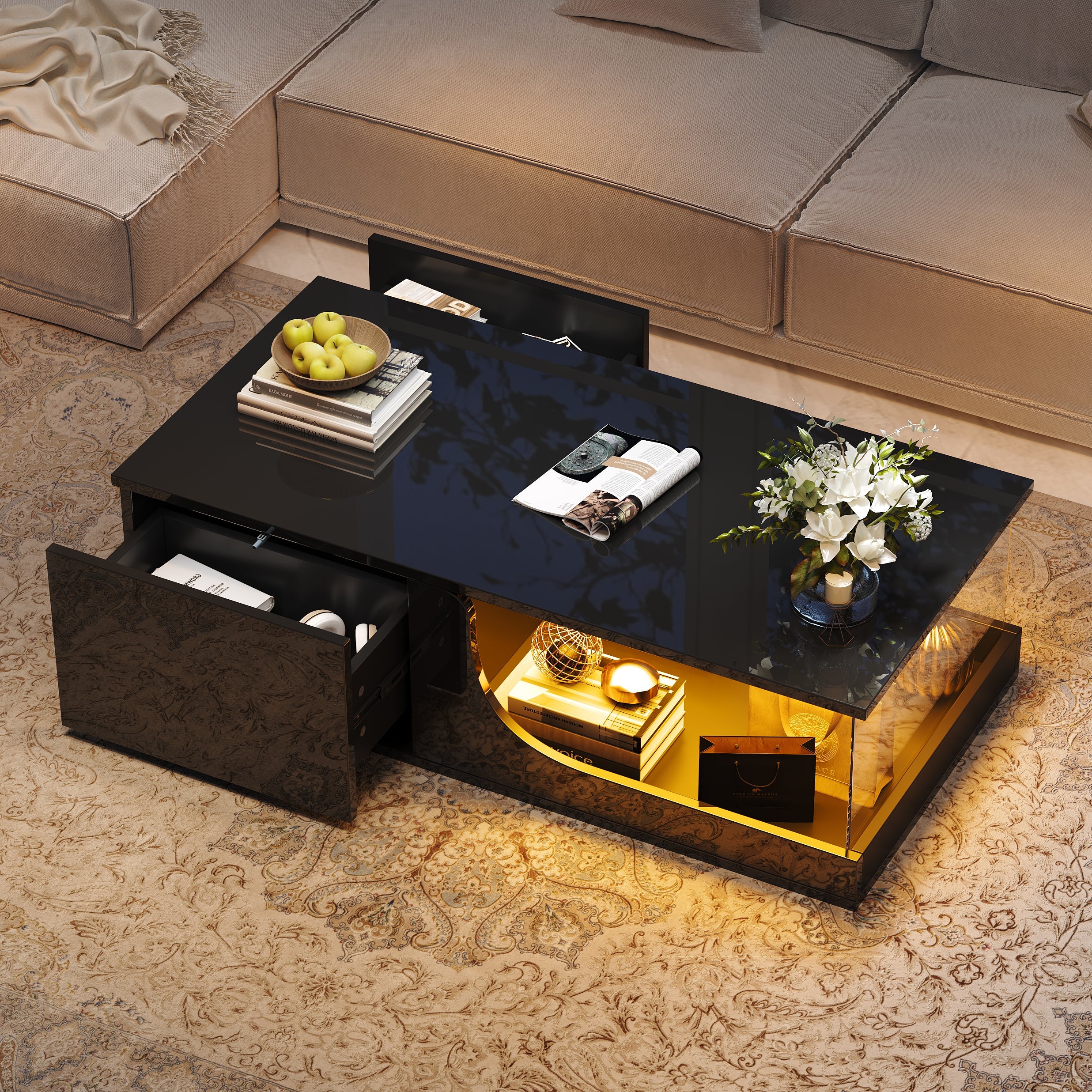 Coffee Table, 100x50x30cm, 2-Drawer High-Gloss with LED, Tempered Glass, Black