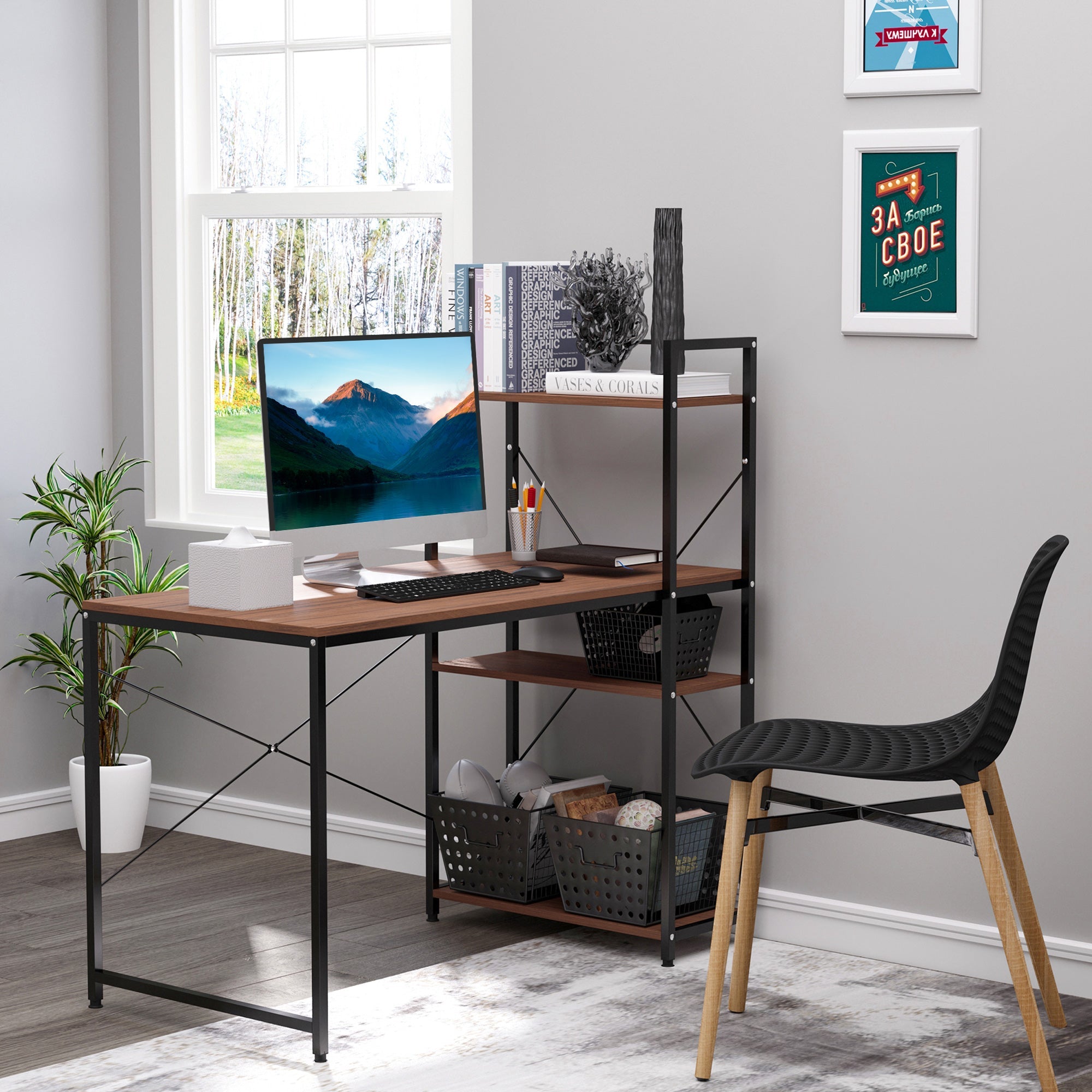 Computer Desk with Storage Shelves Reversible Industrial Style, Walnut and Black
