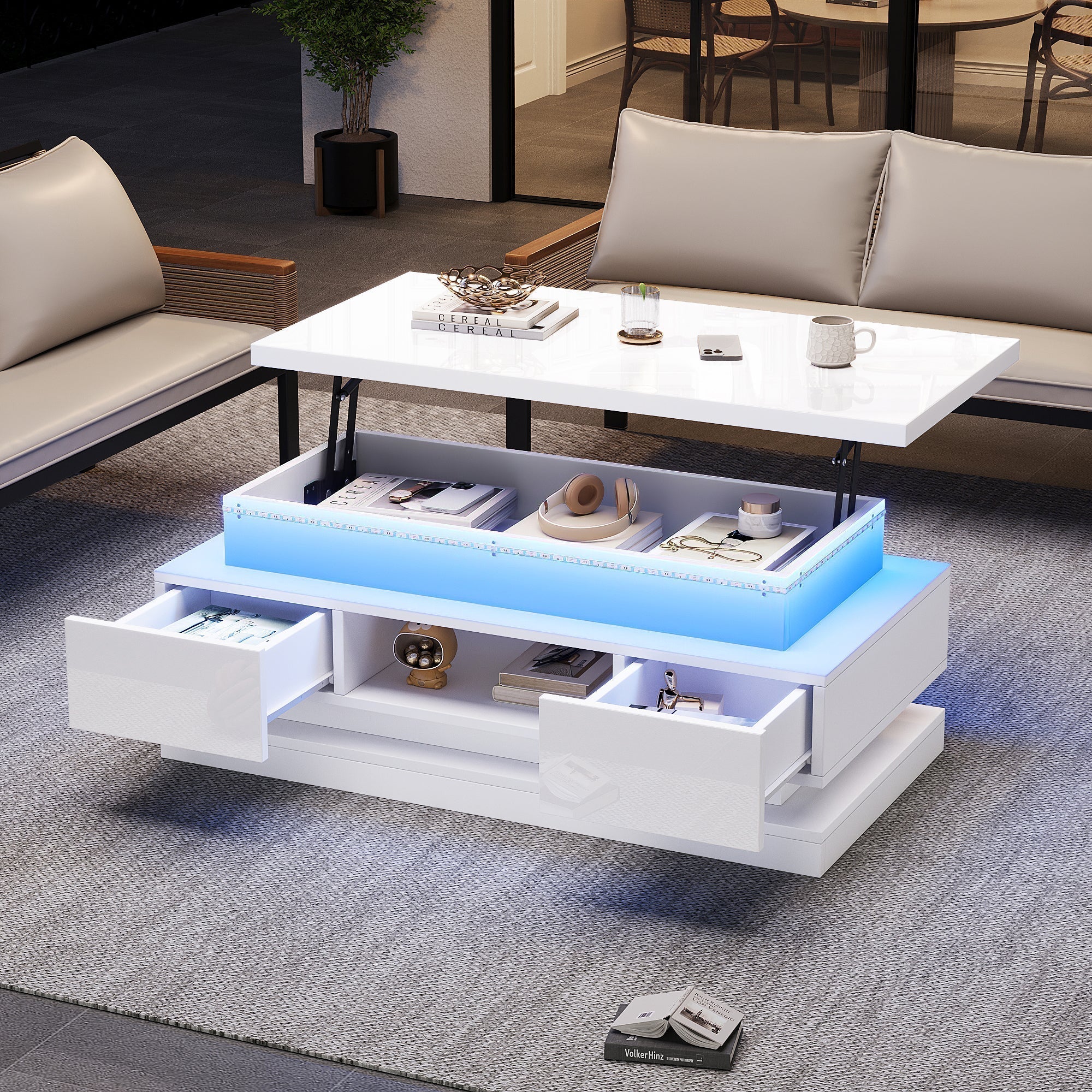 Liftable Coffee Table with 2 Drawers and LED Lighting, White Chipboard ...