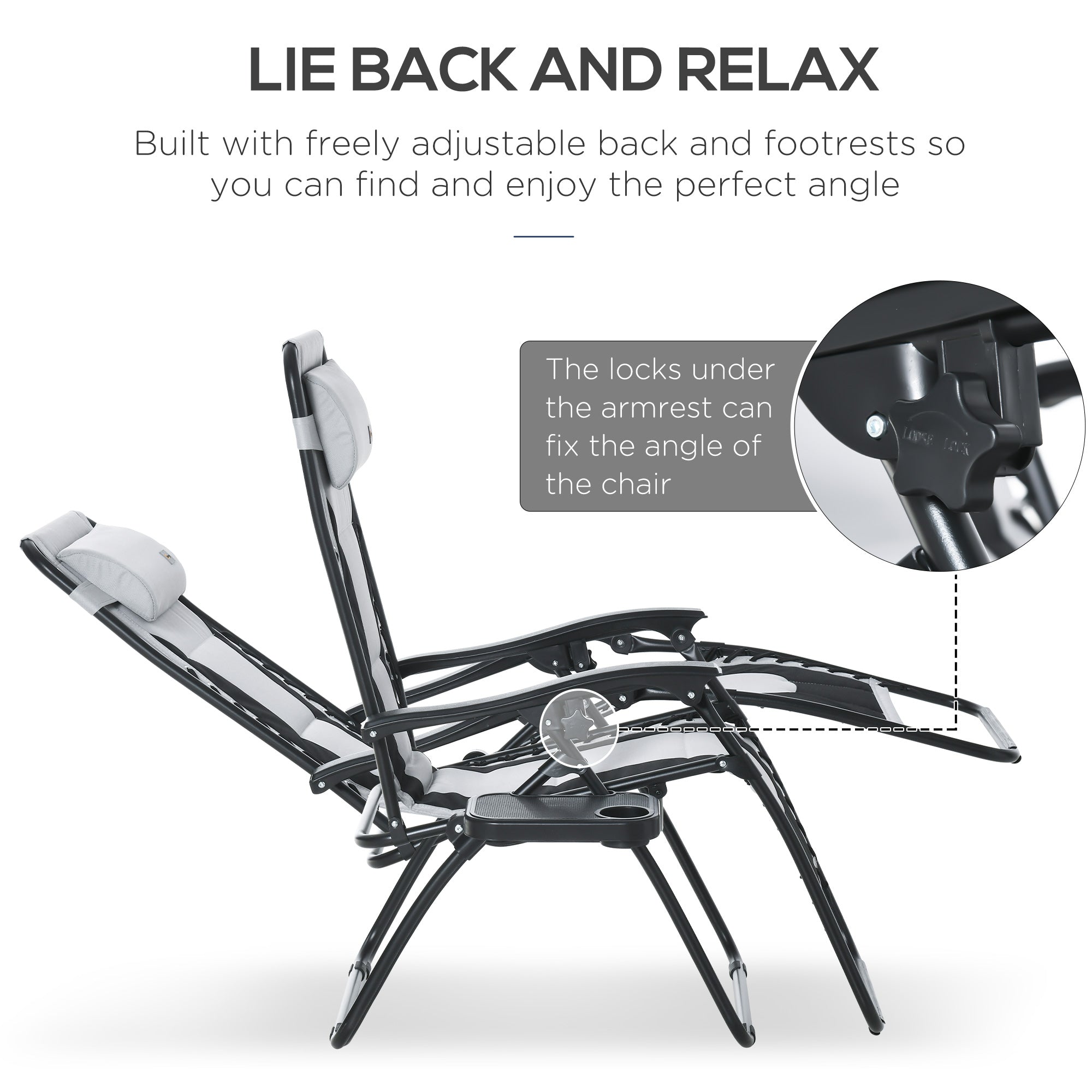 Zero Gravity Lounger Chair, Folding Reclining Padded Seat Cup Holder, Light Grey