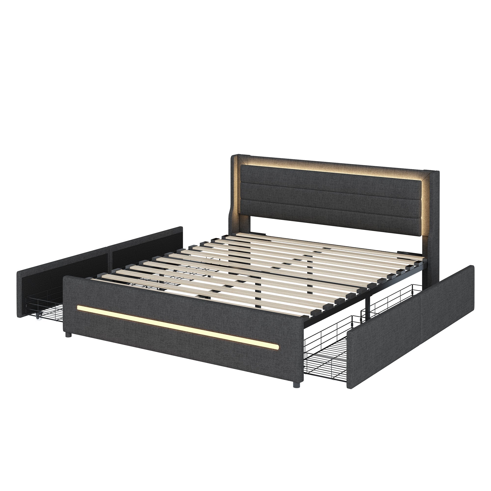 Upholstered Bed 160*200, LED Lighting, 4 Storage, Linen, Gray