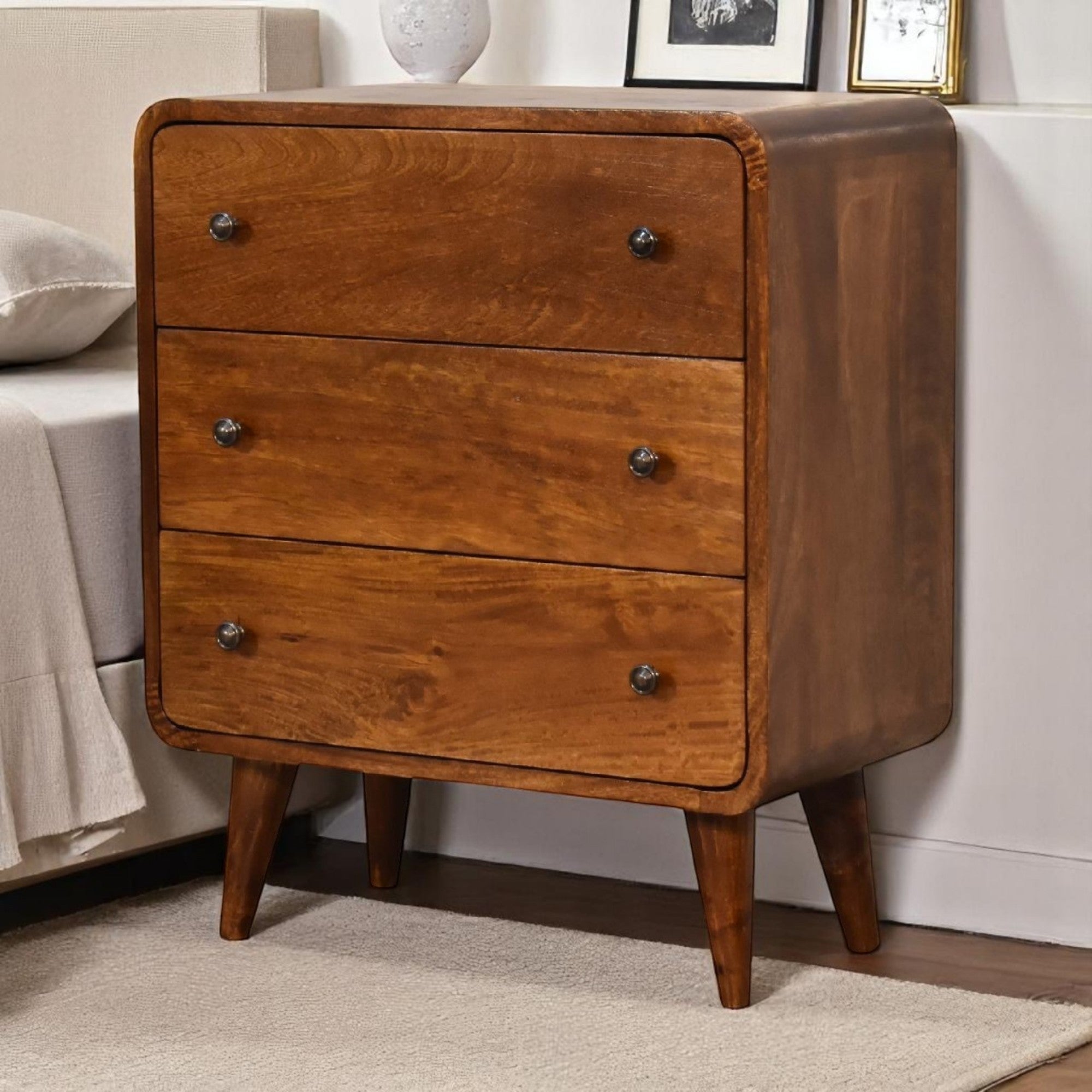Chest, Mini Curved 3 Drawer Solid Wood Dark Brown