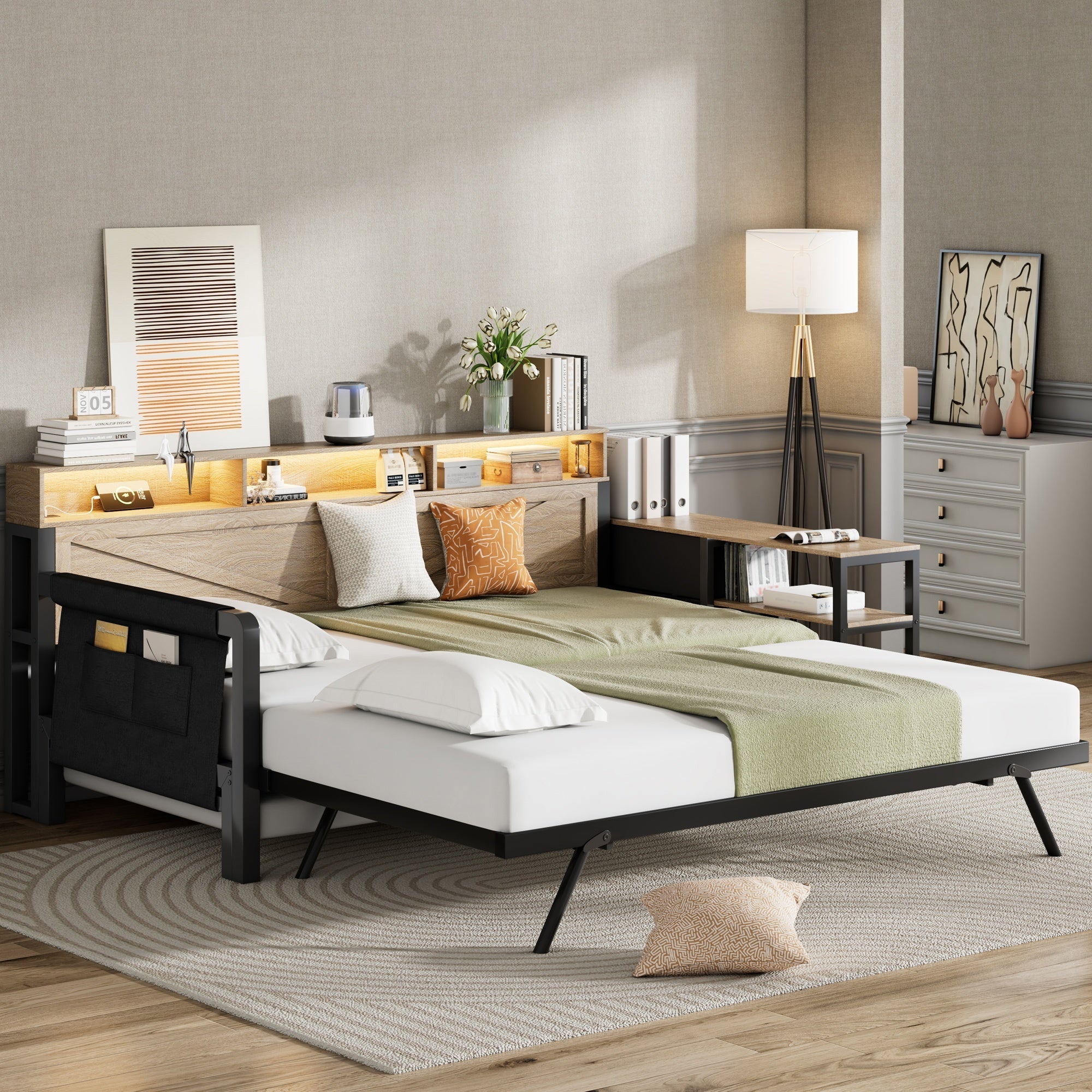 Metal Sofa Bed with Adjustable Pull-Out Bed, Storage Cabinet and LED Lighting, Black