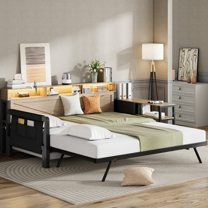 Metal Sofa Bed with Adjustable Pull-Out Bed, Storage Cabinet and LED Lighting, Black