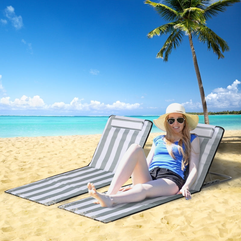 Folding Sun Lounger Adjustable Backrest Headrest Carrying Bag - Light Grey