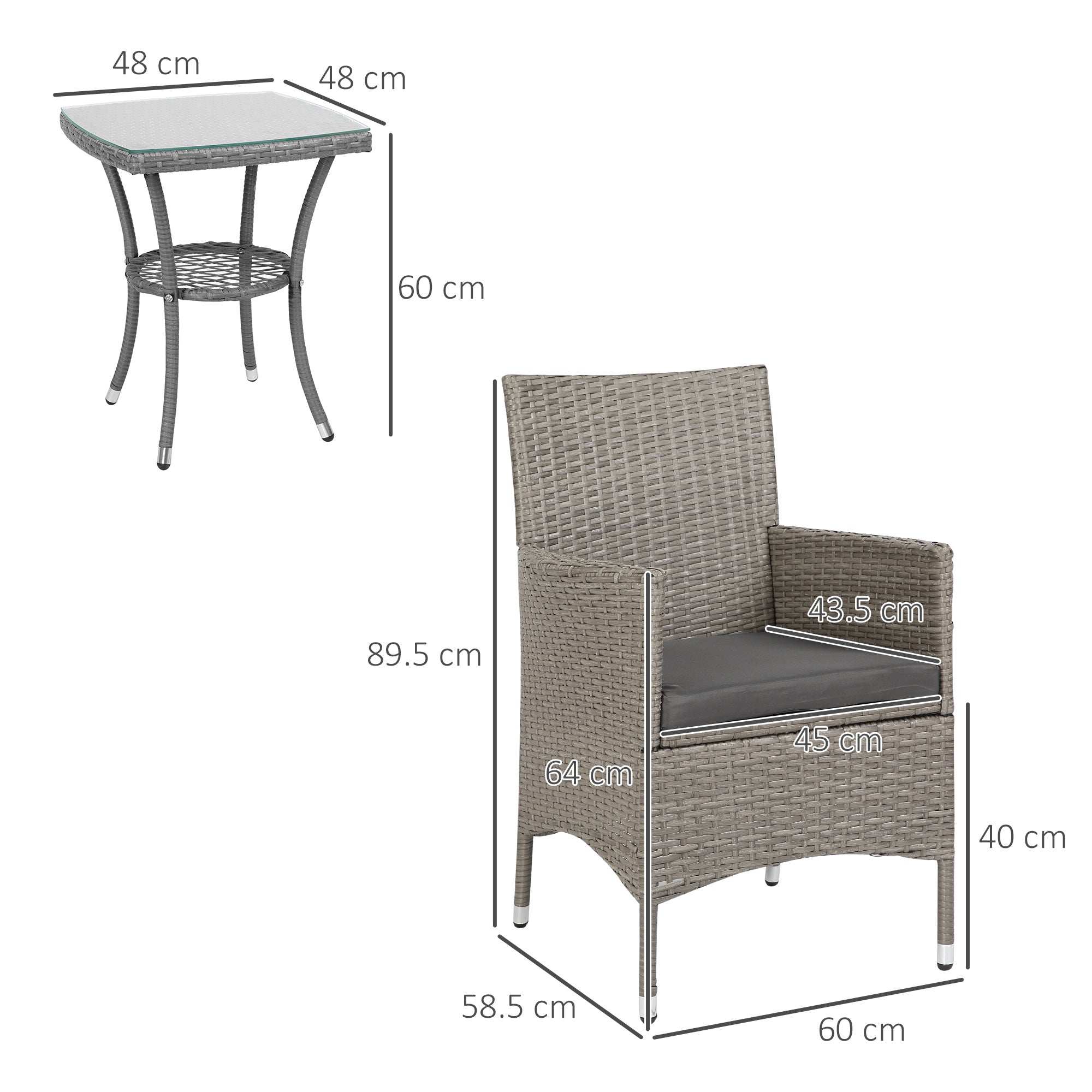 3 Pieces Rattan Bistro Set Wicker with 2-Tier Table and Washable Cushions Grey