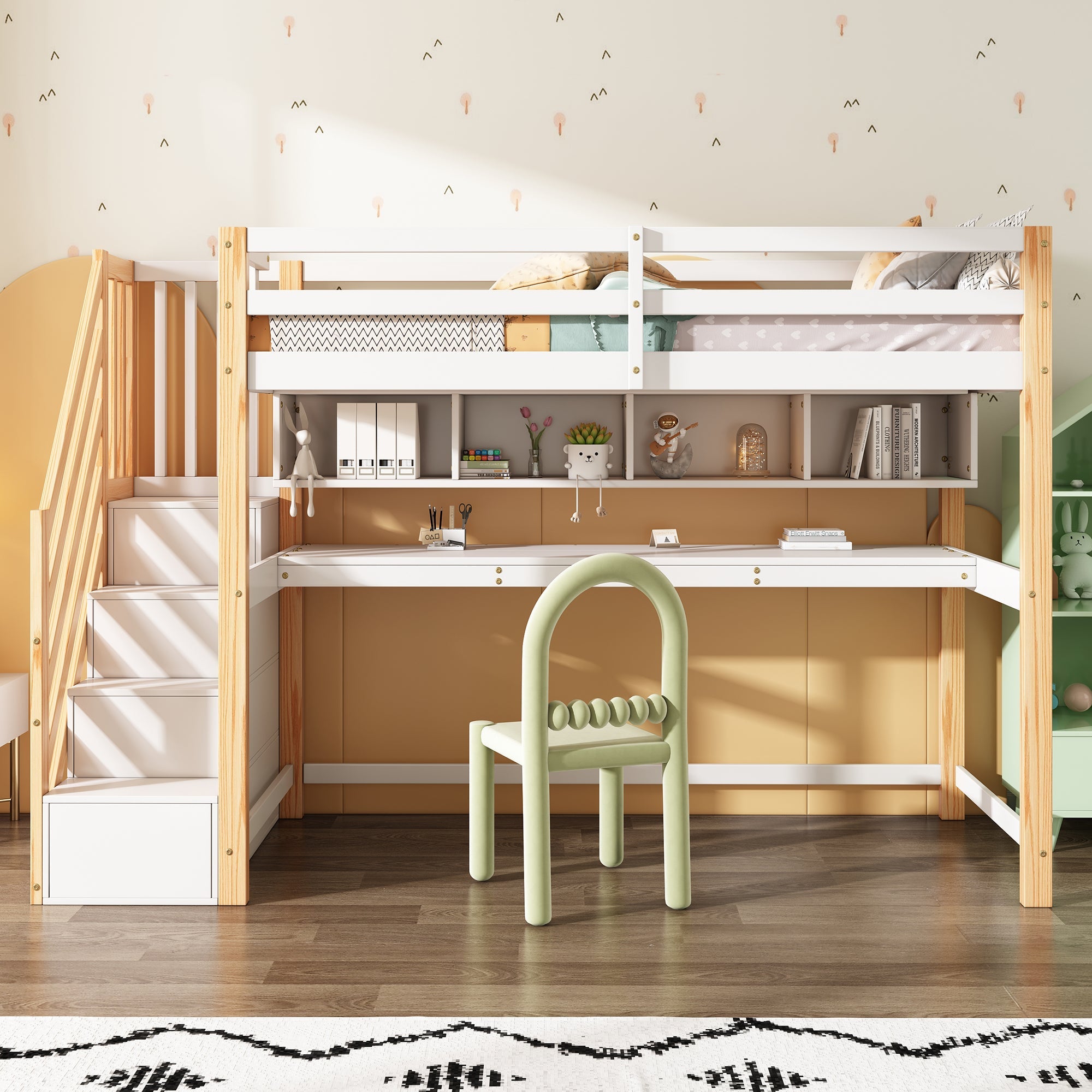 Children's Loft Bed with Large Desk and Shelves, Natural and White