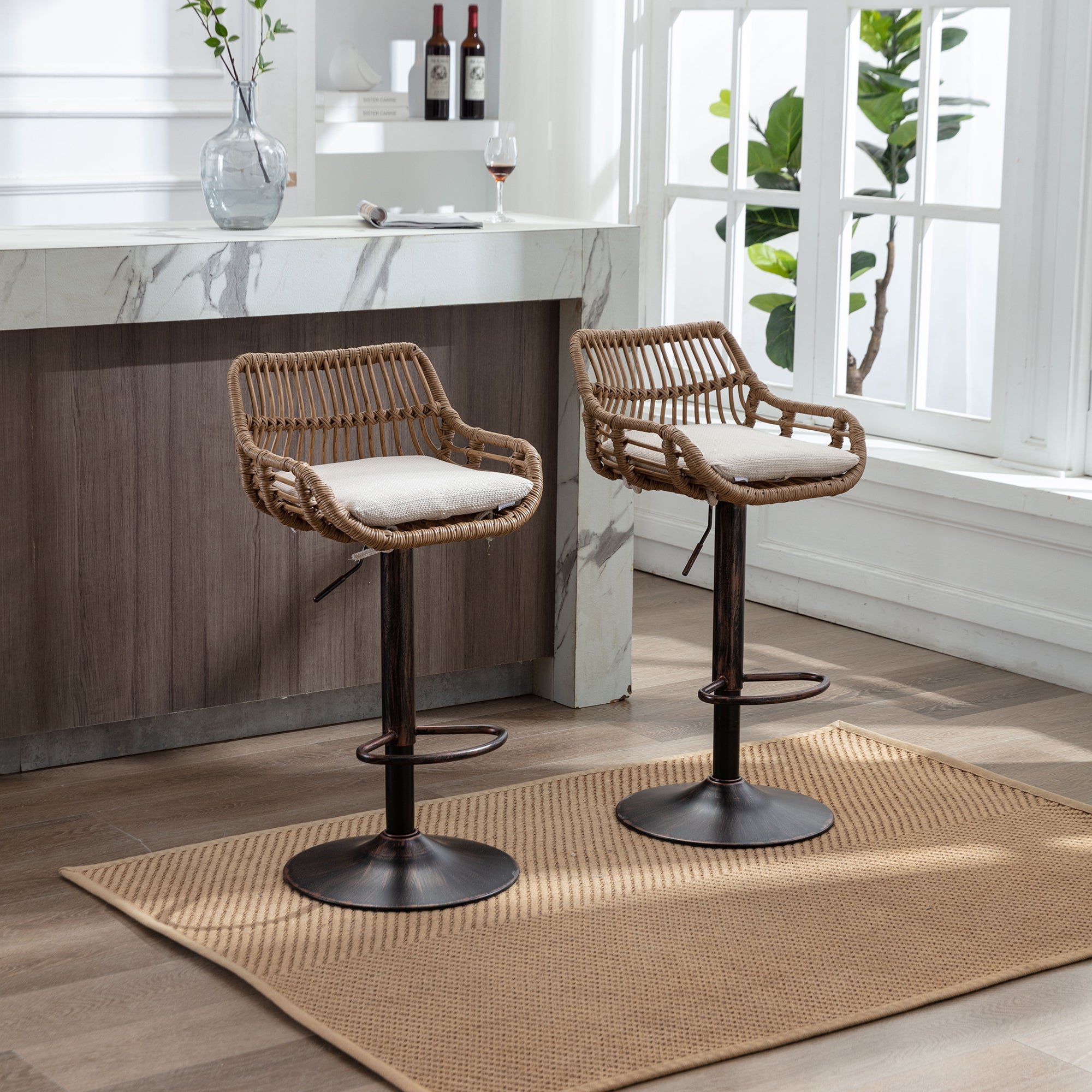 Modern Bar Stool Set of 2, Adjustable with Footrest, Beige