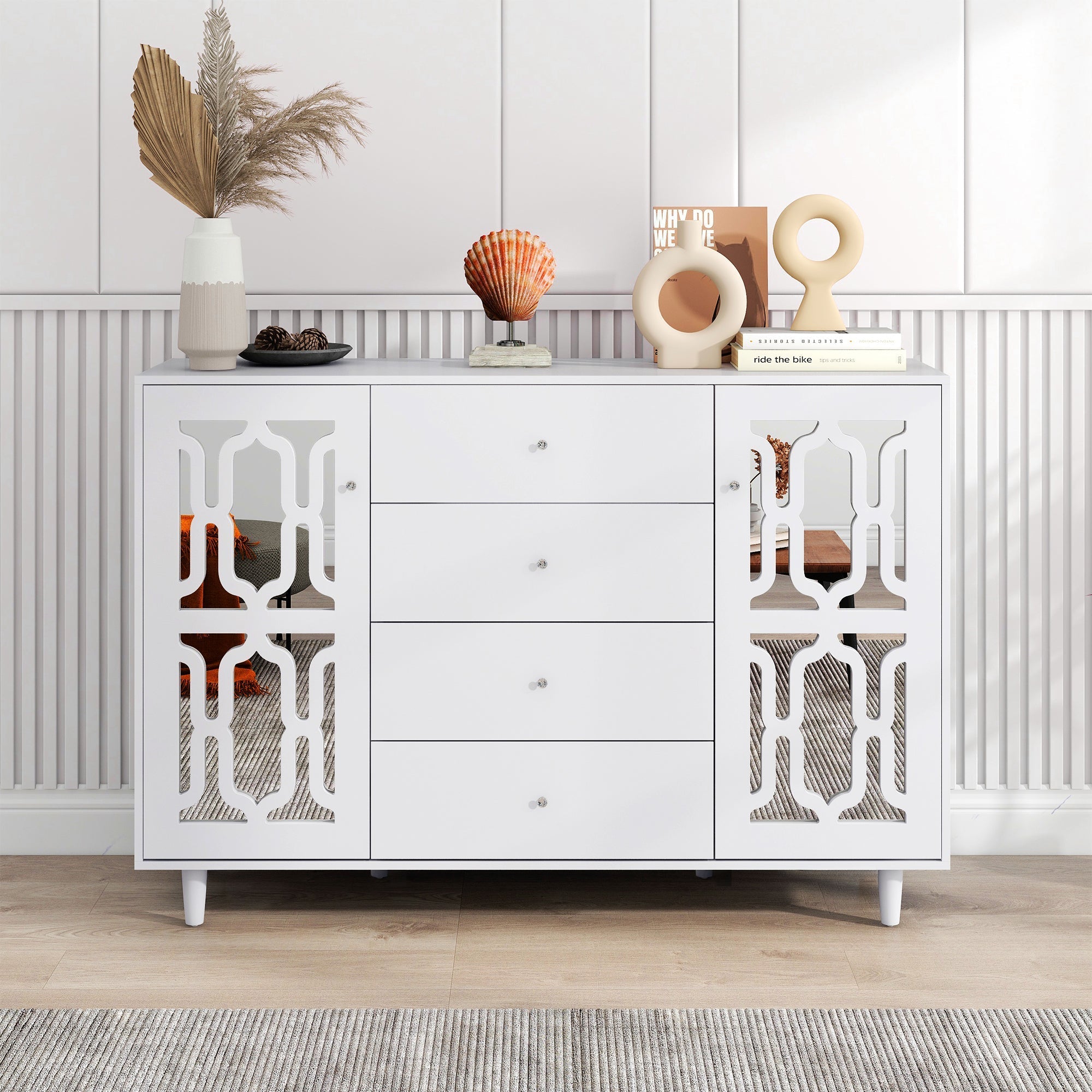 Mirrored Sideboard Crystal Handles 147.5x40x102cm, White