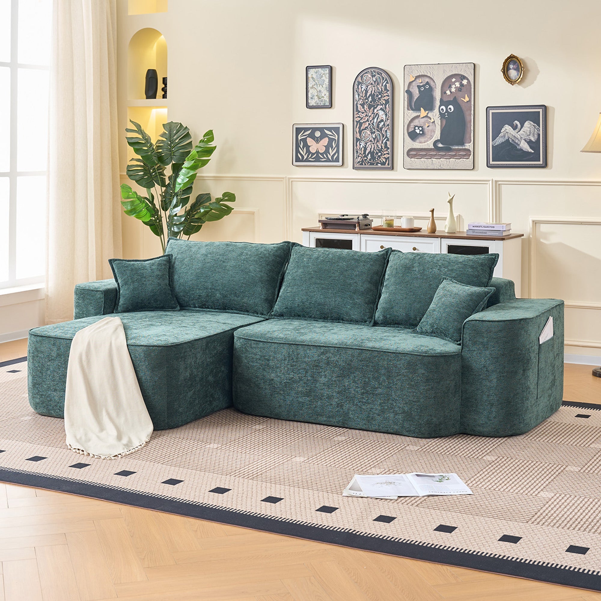 Cloud Couch L-Shaped Corner Sofa, 262cm with XXL Deep Seat and Chaise Longue, Green Chenille