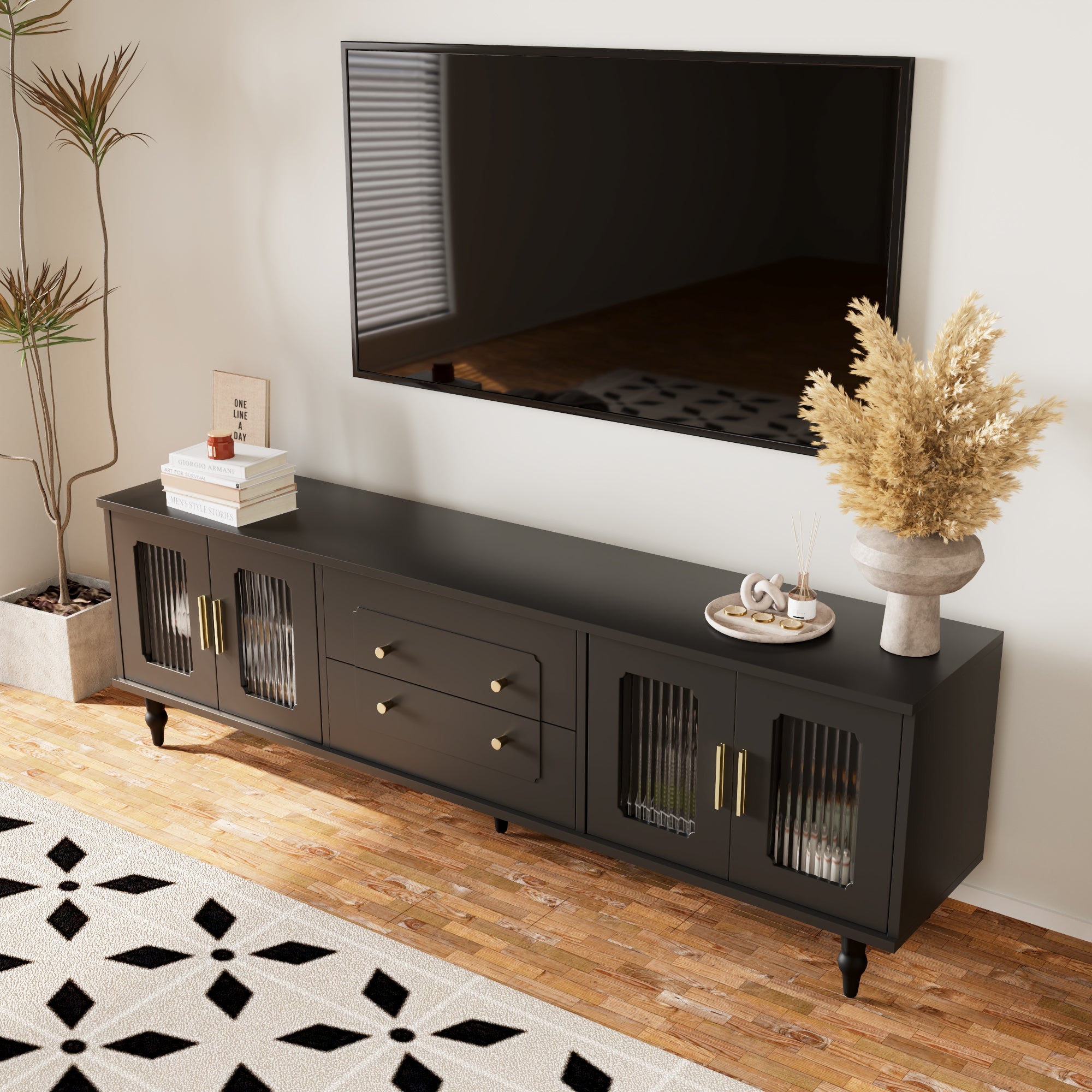 TV Cabinet, Retro Lowboard with Gold Handles, Glass Door, Solid Wood Legs