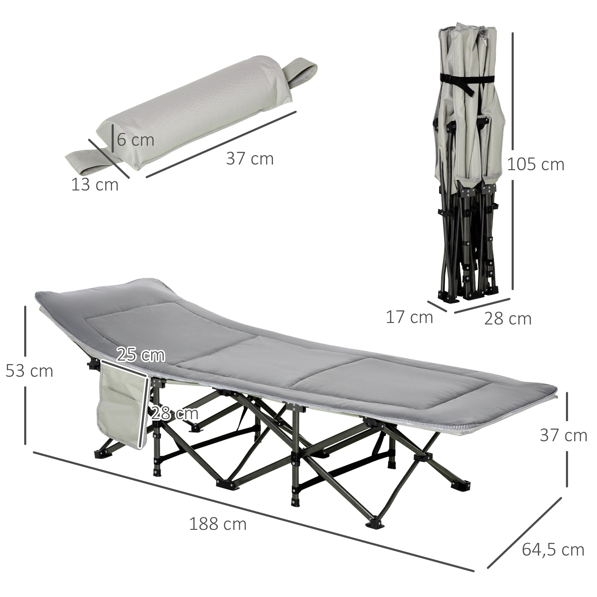 Campingliege faltbar mit Kissen, Seitentasche, 150kg, Hellgrau