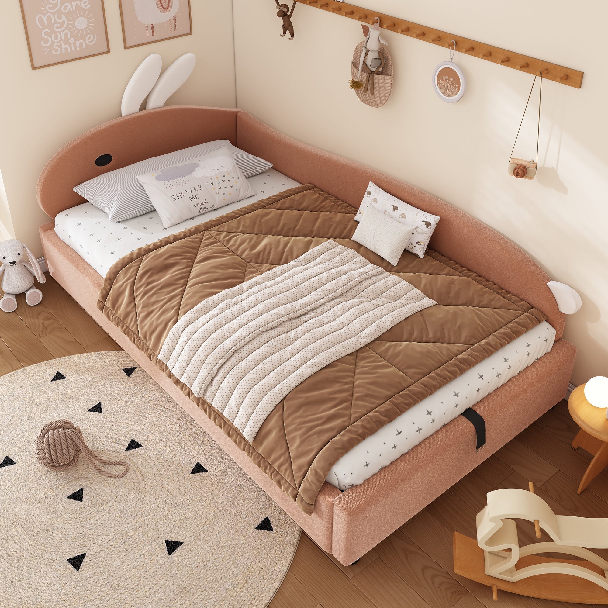 Upholstered Bed, Single Children's with Bunny Headboard & Hydraulic Storage, Velvet Pink+White