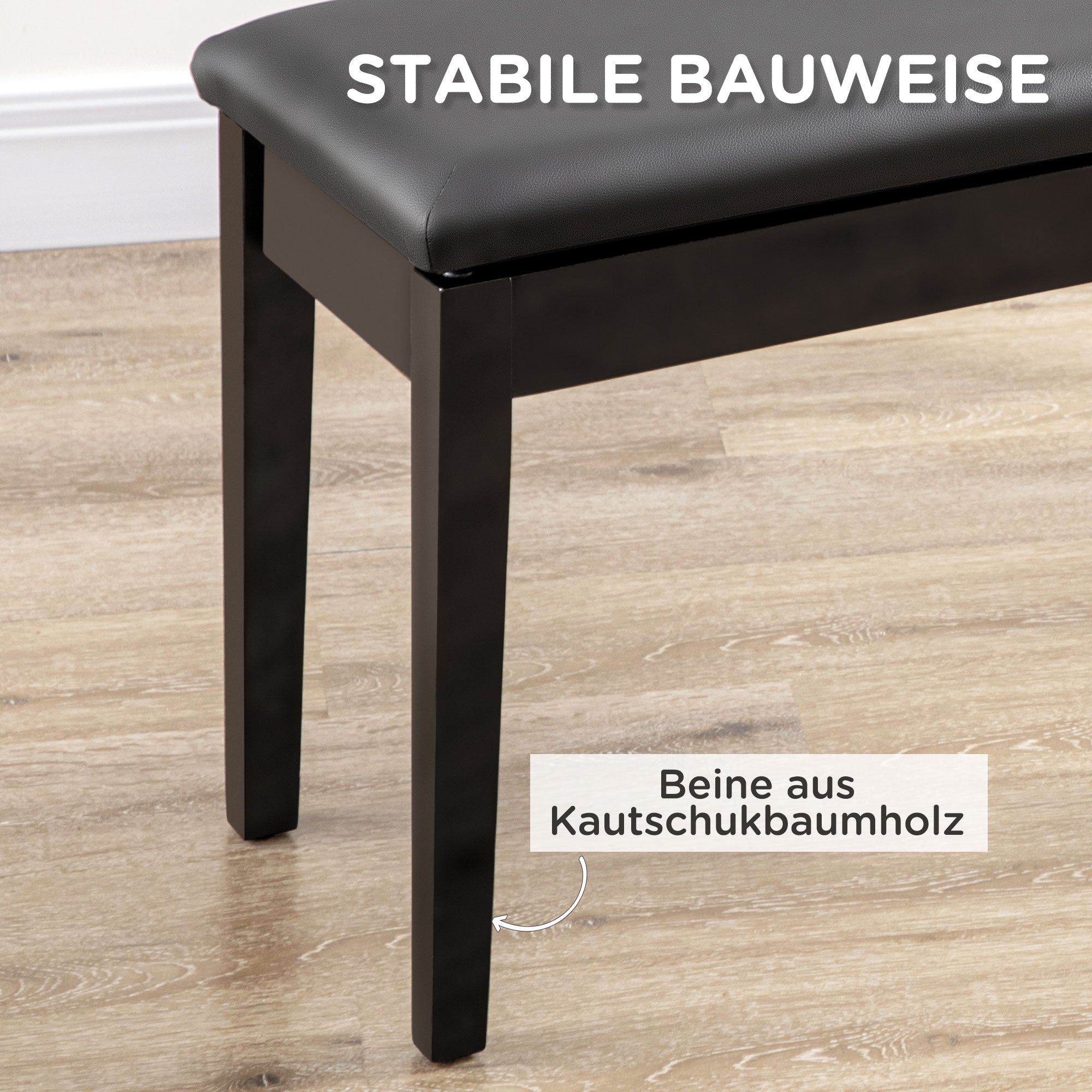 Piano Bench, Height-Adjustable with Storage, Leather Cushion, Black