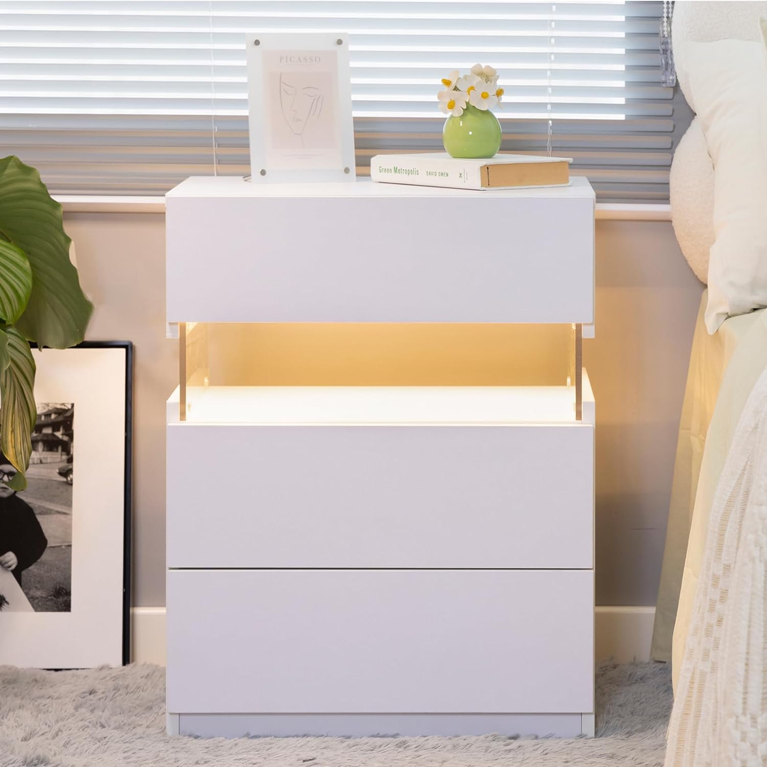 LED Nightstands: Acrylic Board LED Bedside Tables with 3 Drawer Dresser, White