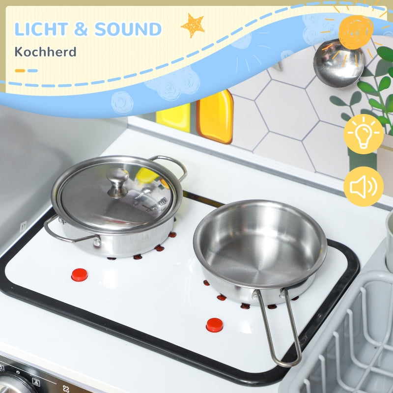 AIYAPLAY Play Kitchen Set, Stainless Steel Dishes, Stove, Sink with Water Circulation, Light & Sound Effects, White
