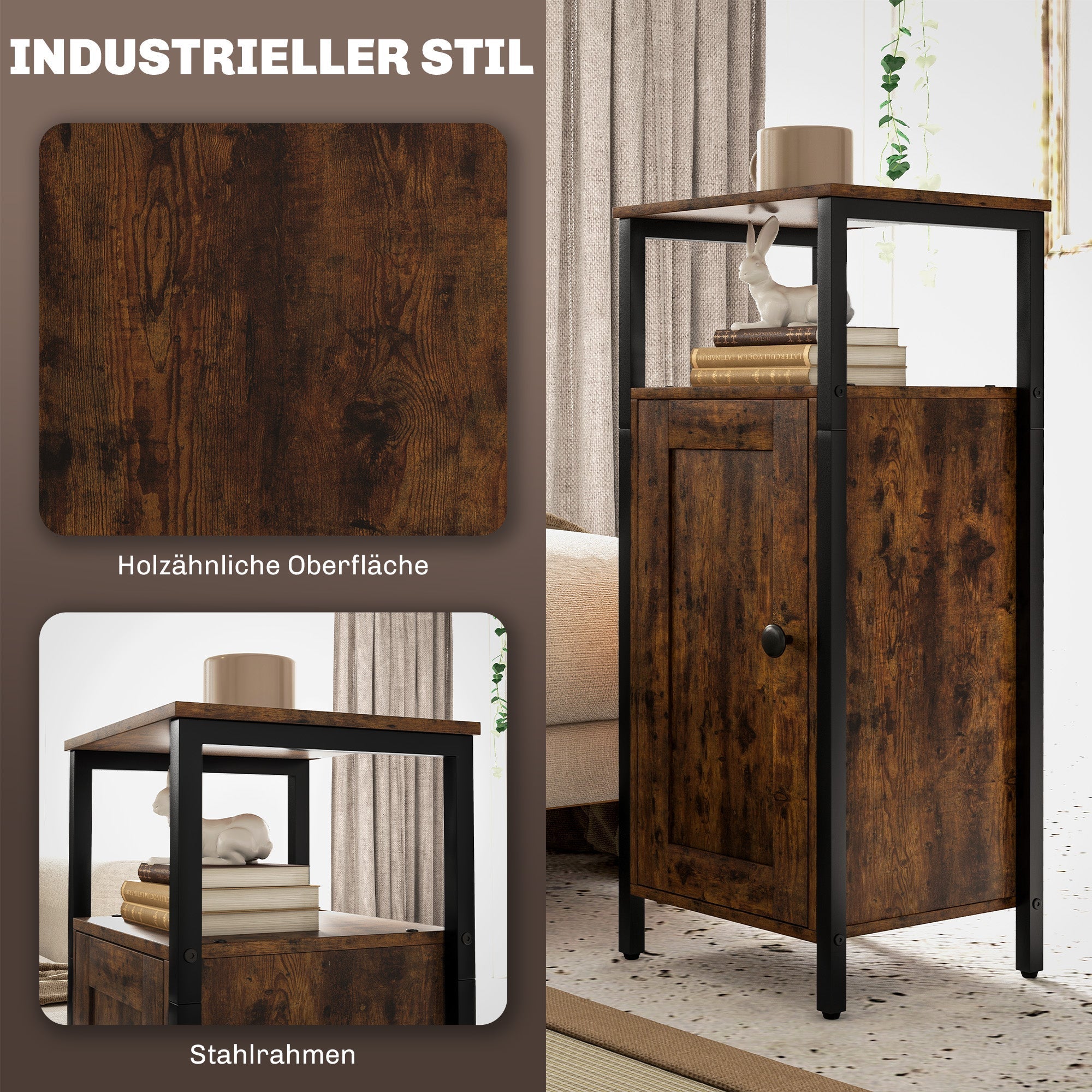 Side table, coffee table with adjustable shelf, industrial design, rustic brown