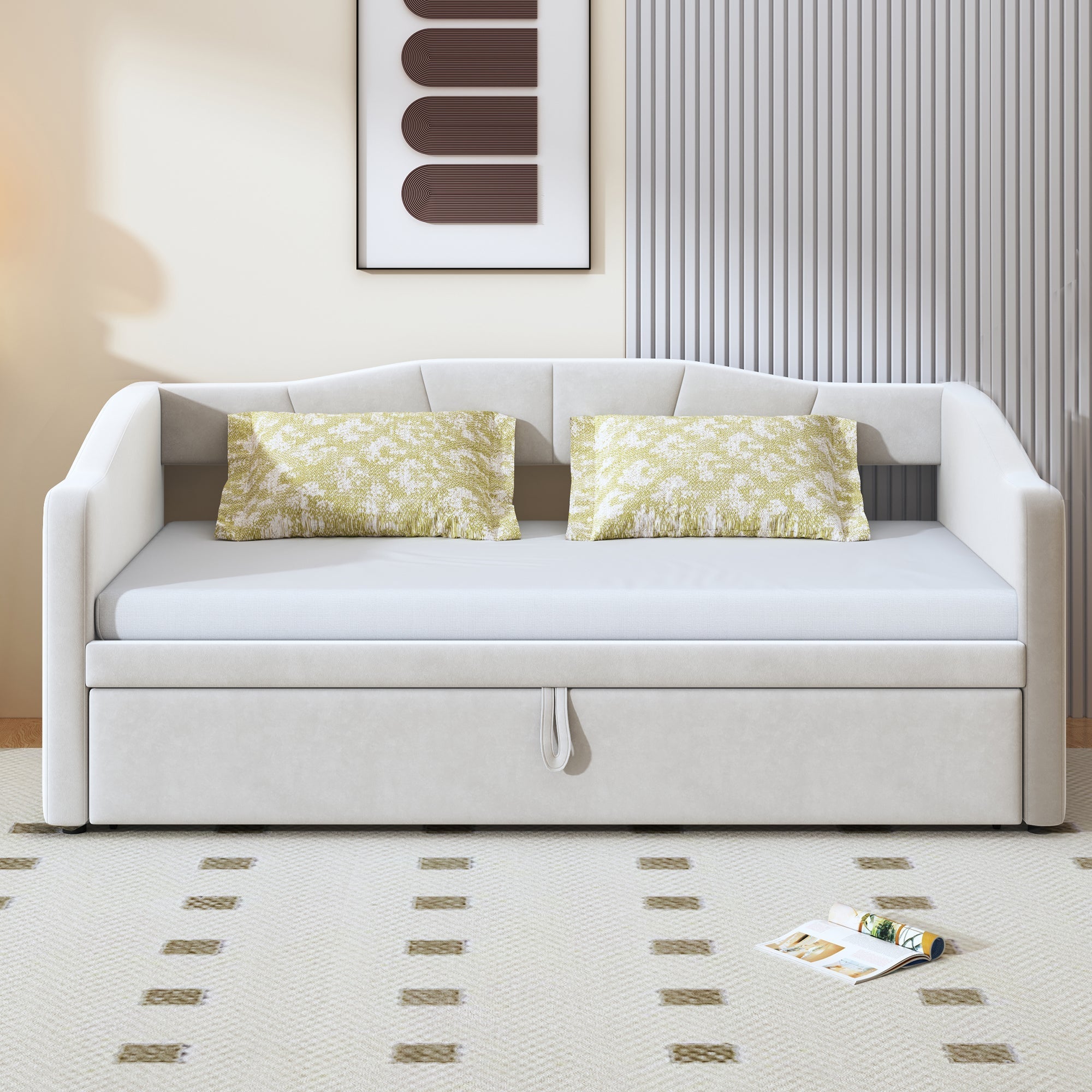 Extendable Daybed 90/180x200cm Multifunctional Slatted Base - Velvet Beige