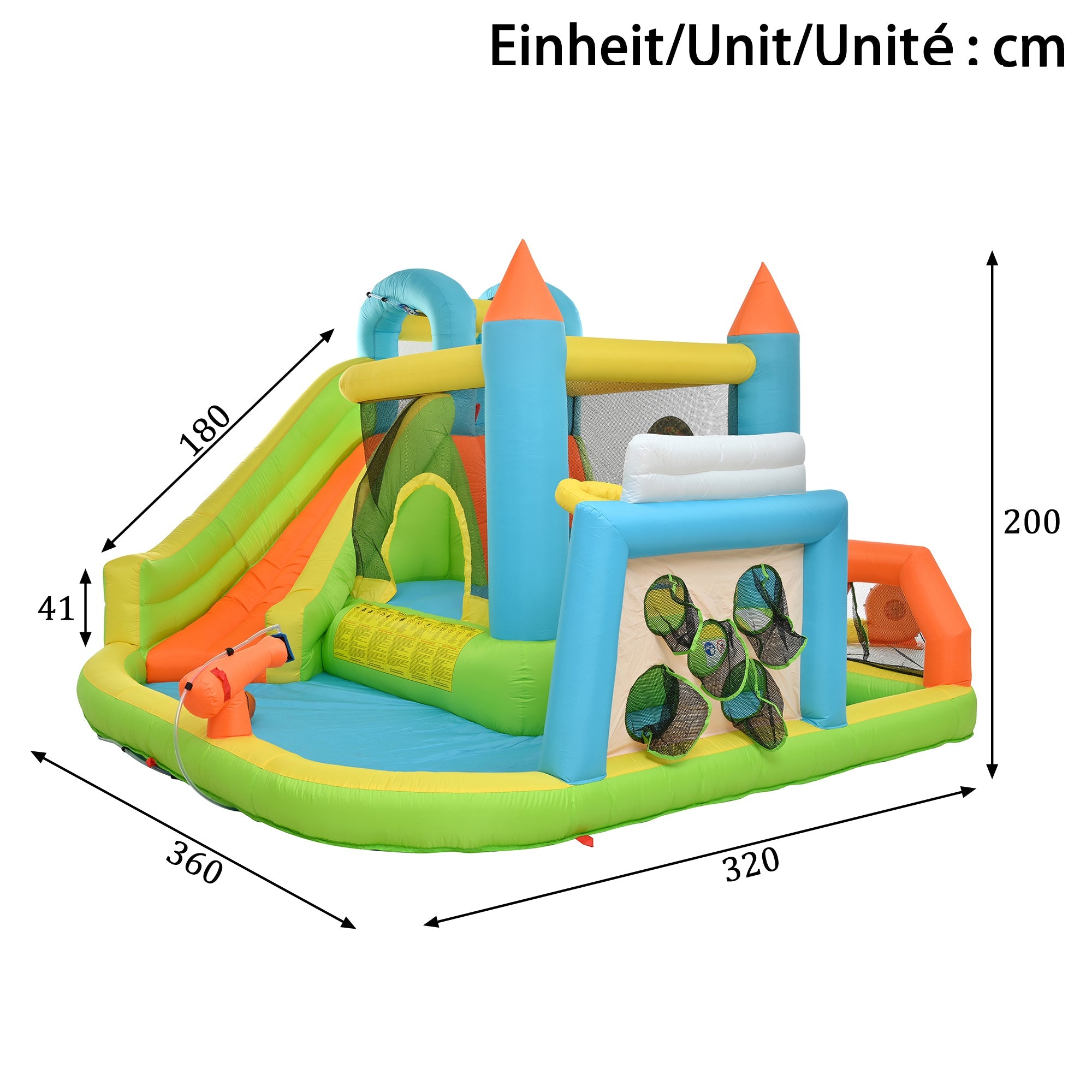 Inflatable Bouncy Castle with Slide, Water Pool and Basketball Hoop, 360x320x200cm, Multicolor