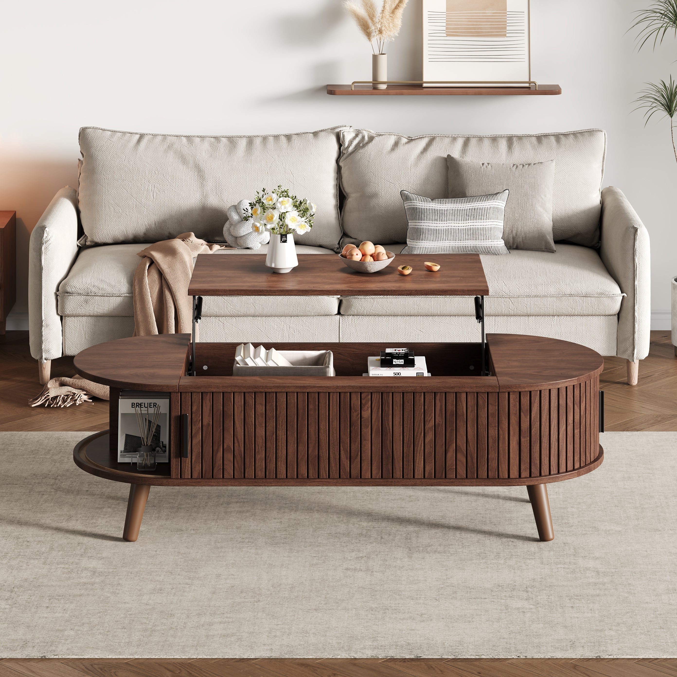 Coffee Table, Liftable with Hidden Storage & 5 Shelves, Walnut