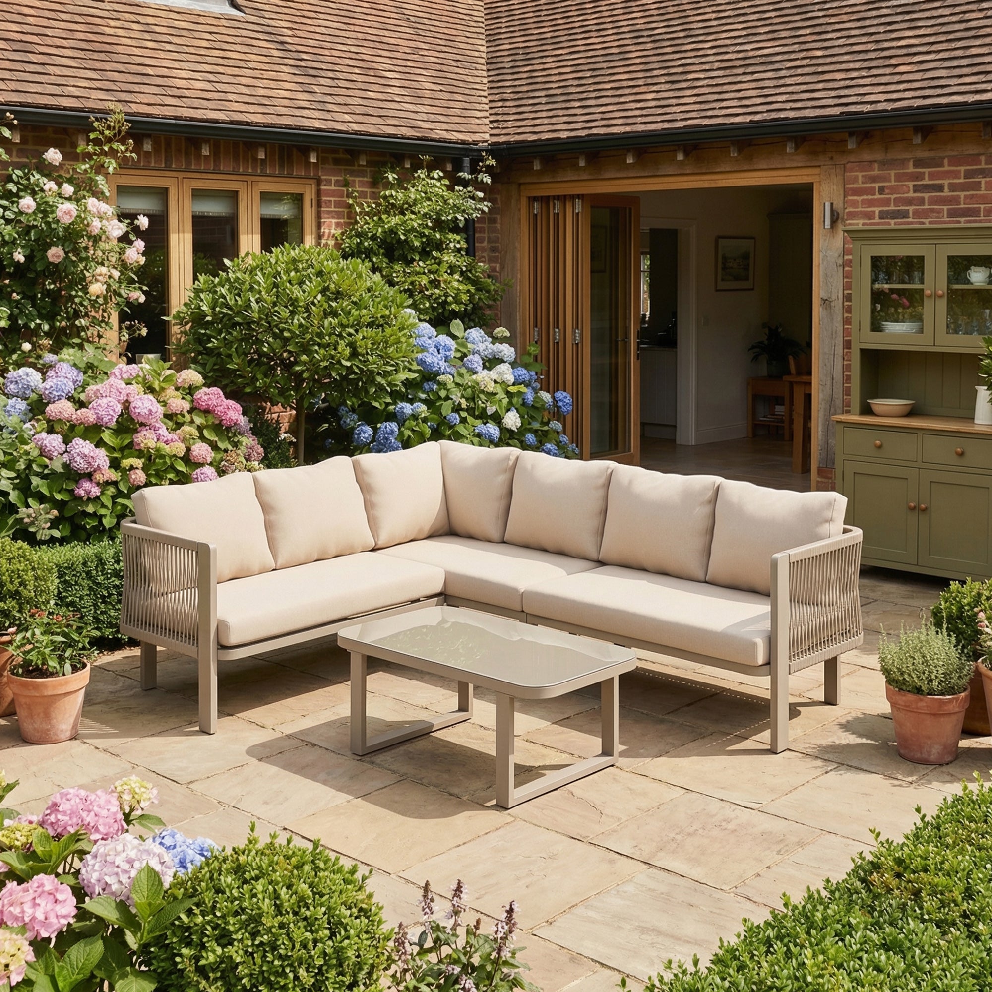 6-Person Garden Furniture Set with Corner Configuration and Glass Tabletop, Khaki Teslin Rope Weaving and Galvanized Steel