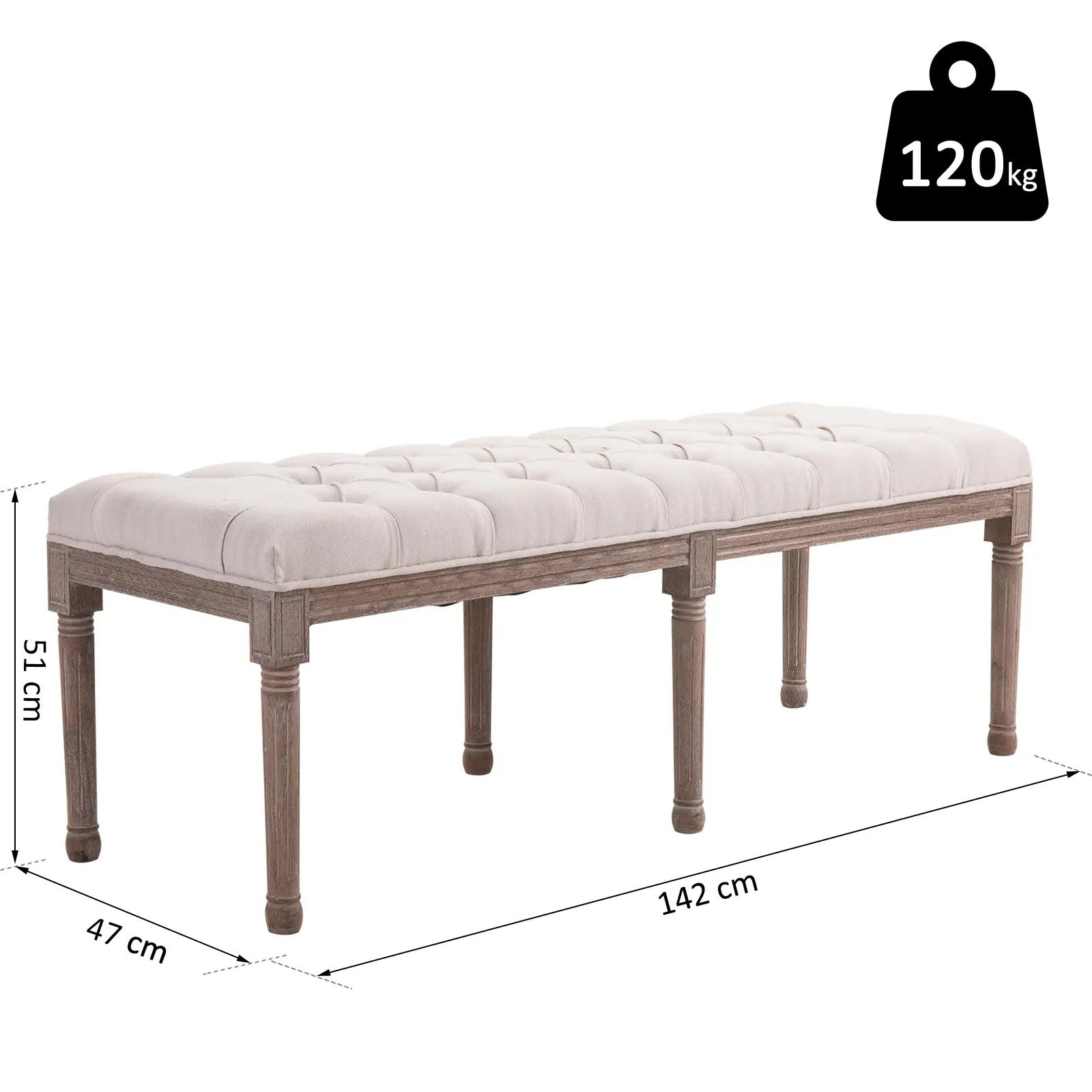 Upholstered Bench Lounge Stool with Buttons, Linen Wood, Beige