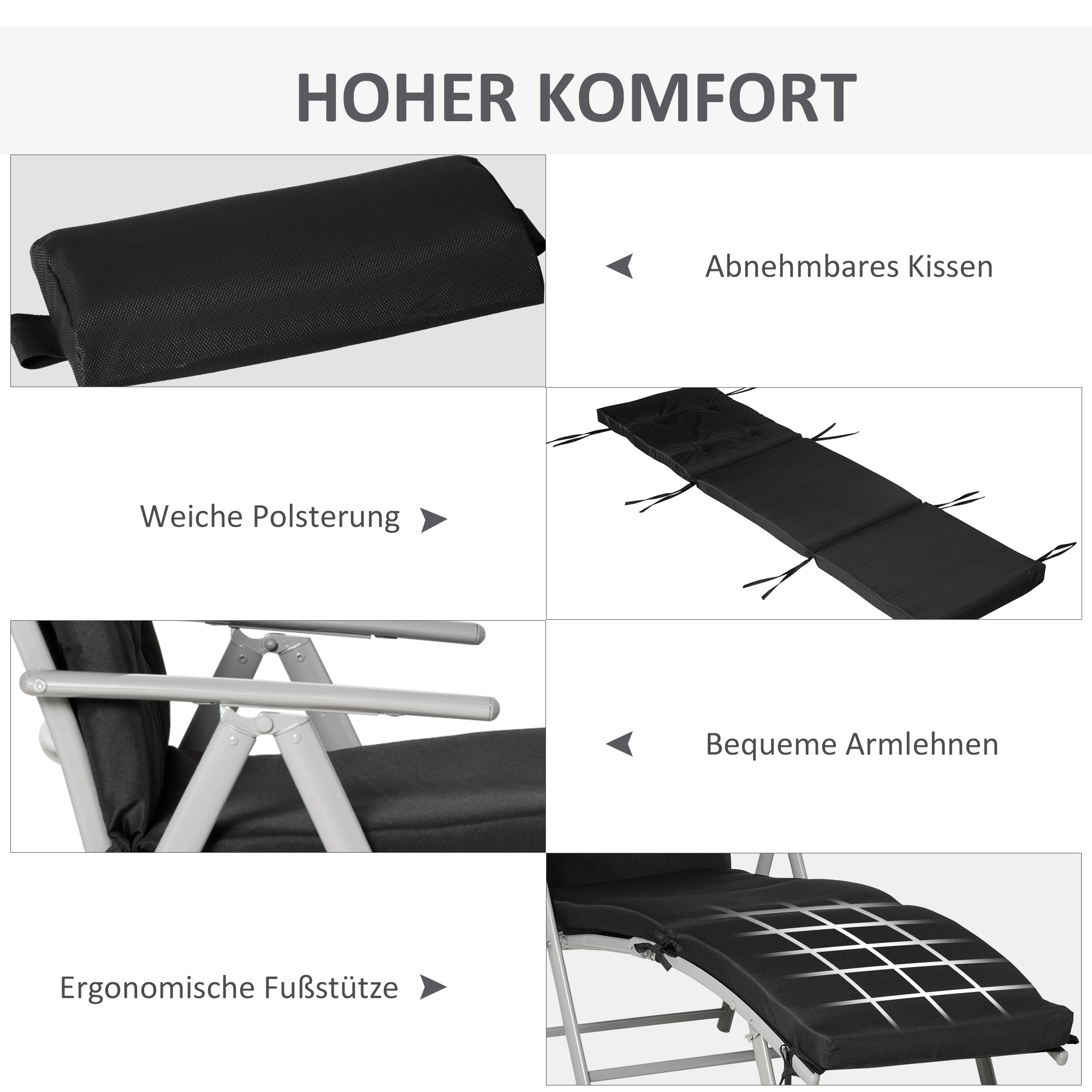 Foldable Beach Lounger, 7 Adjustable Positions Weather-Resistant Cushion, Black Texteline/Metal