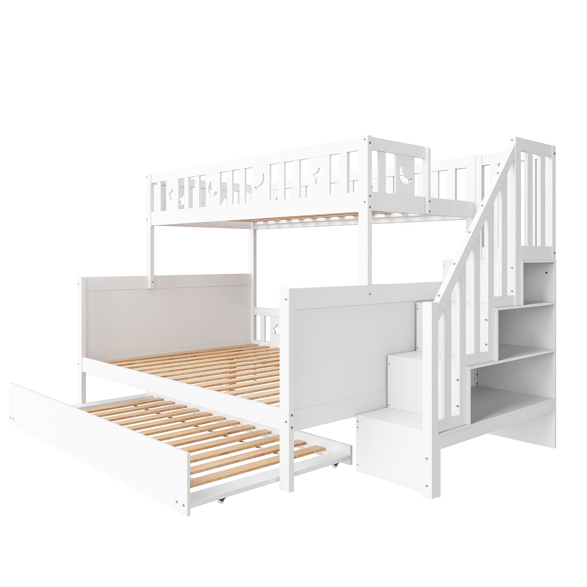 Multifunctional Bunk Bed with Storage and Slatted Frame, 90x200 and 140x200, White Pine Wood