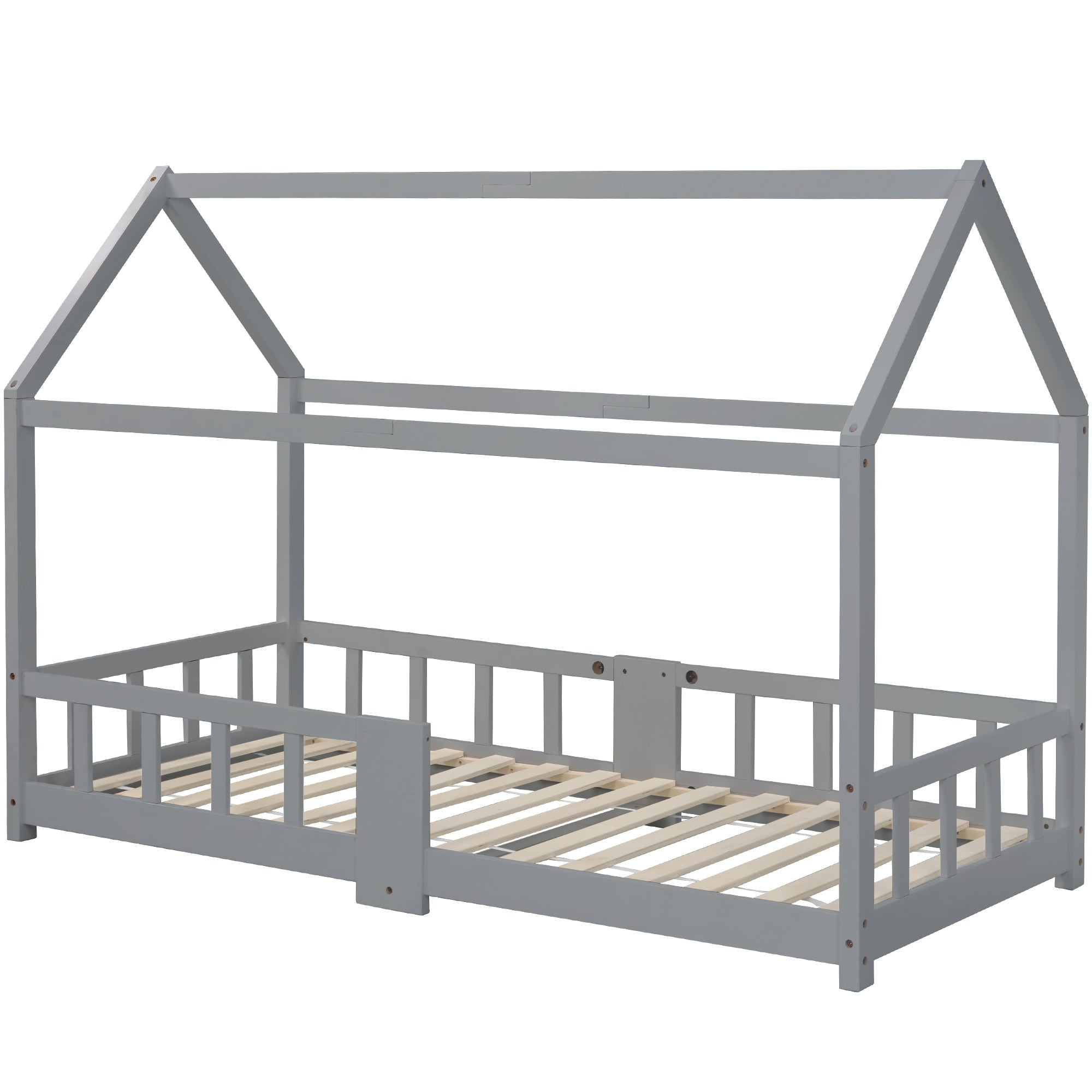 Children's House Bed 90x200cm Chalkboard Slatted Base Safety Rail Pine Wood, Grey