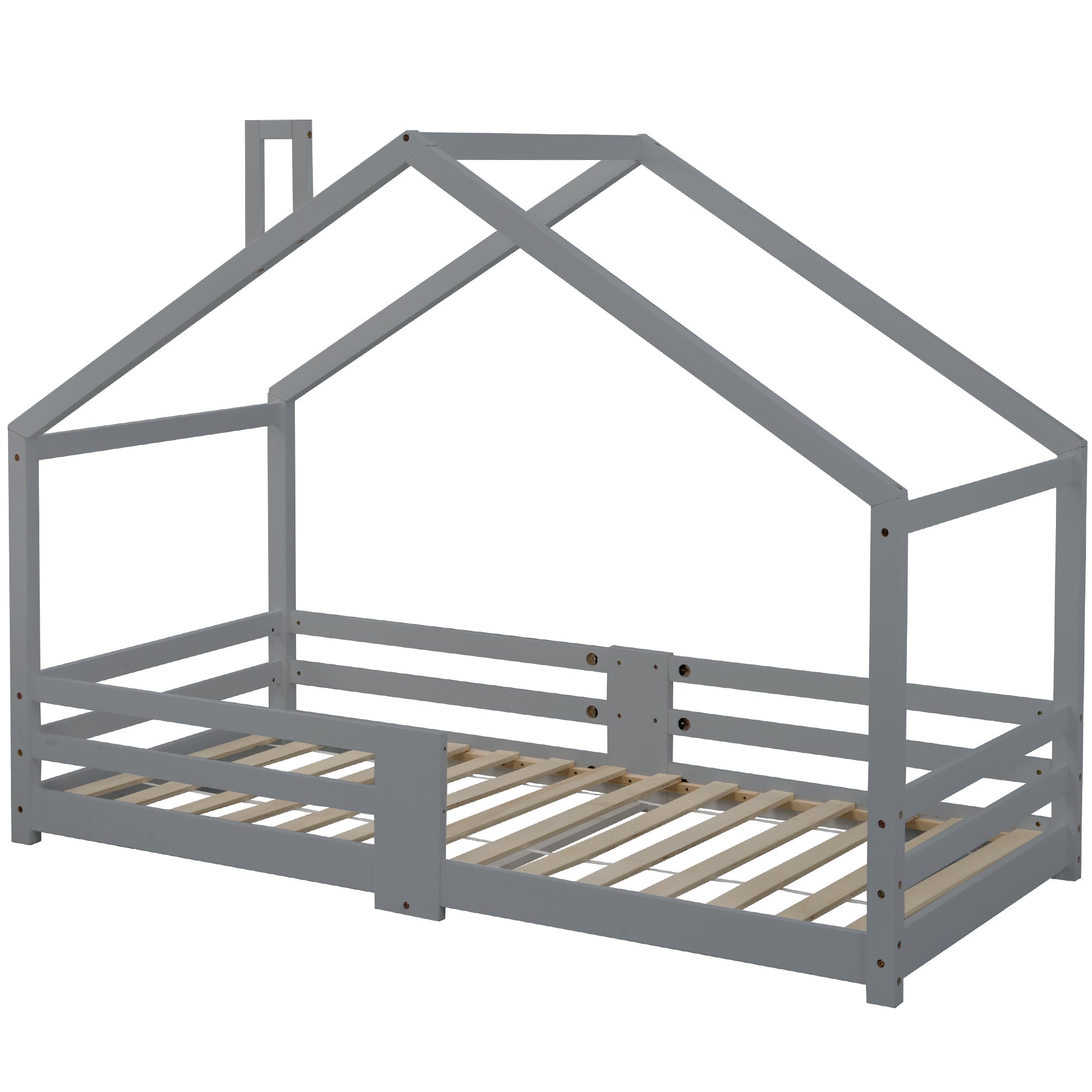 Children's House Bed with Chimney & Fall Protection, Pine Wood, Grey