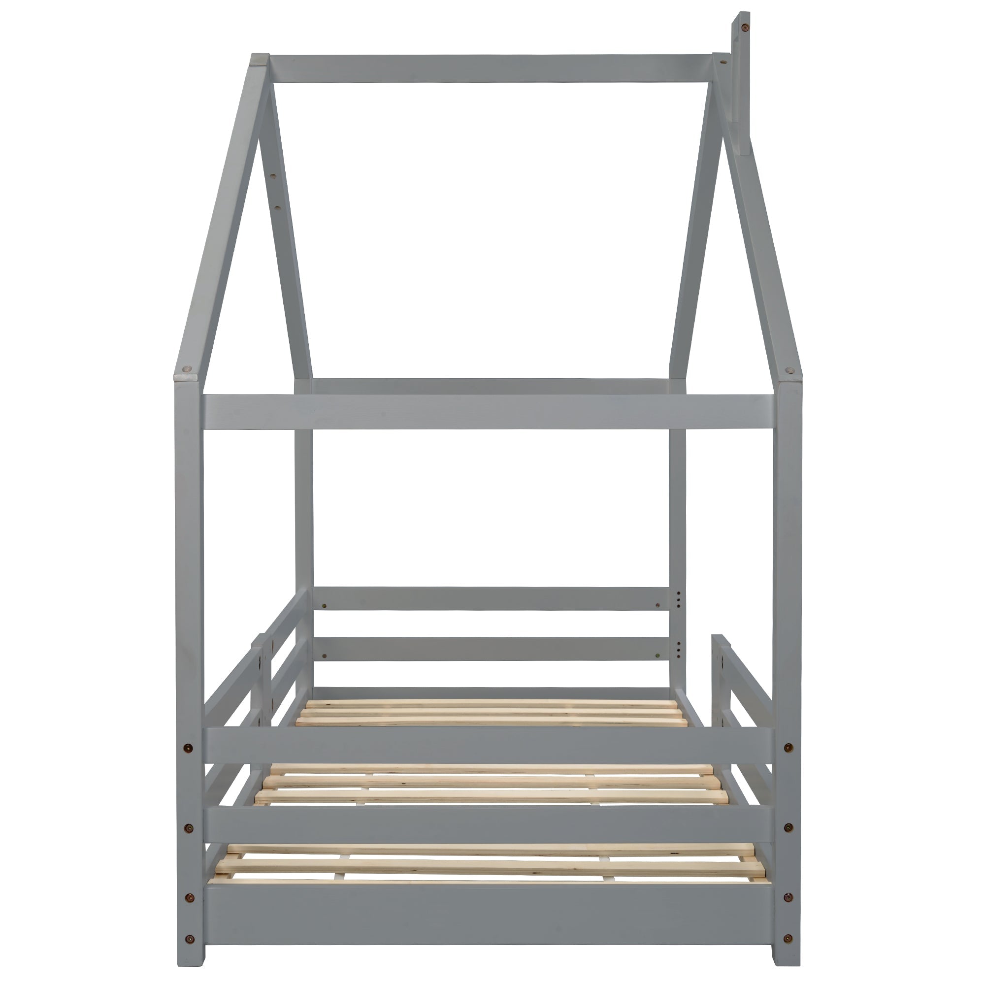 Children's House Bed with Chimney & Fall Protection, Pine Wood, Grey