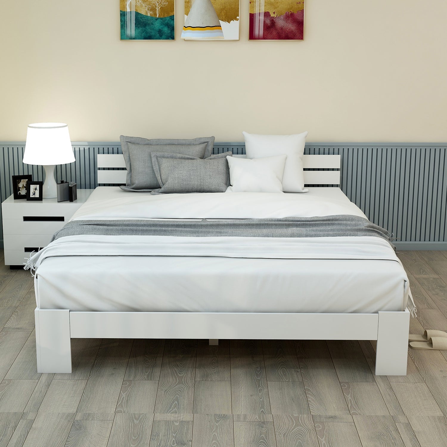 Wooden Double Bed with Headboard, Slatted Frame, Pine
