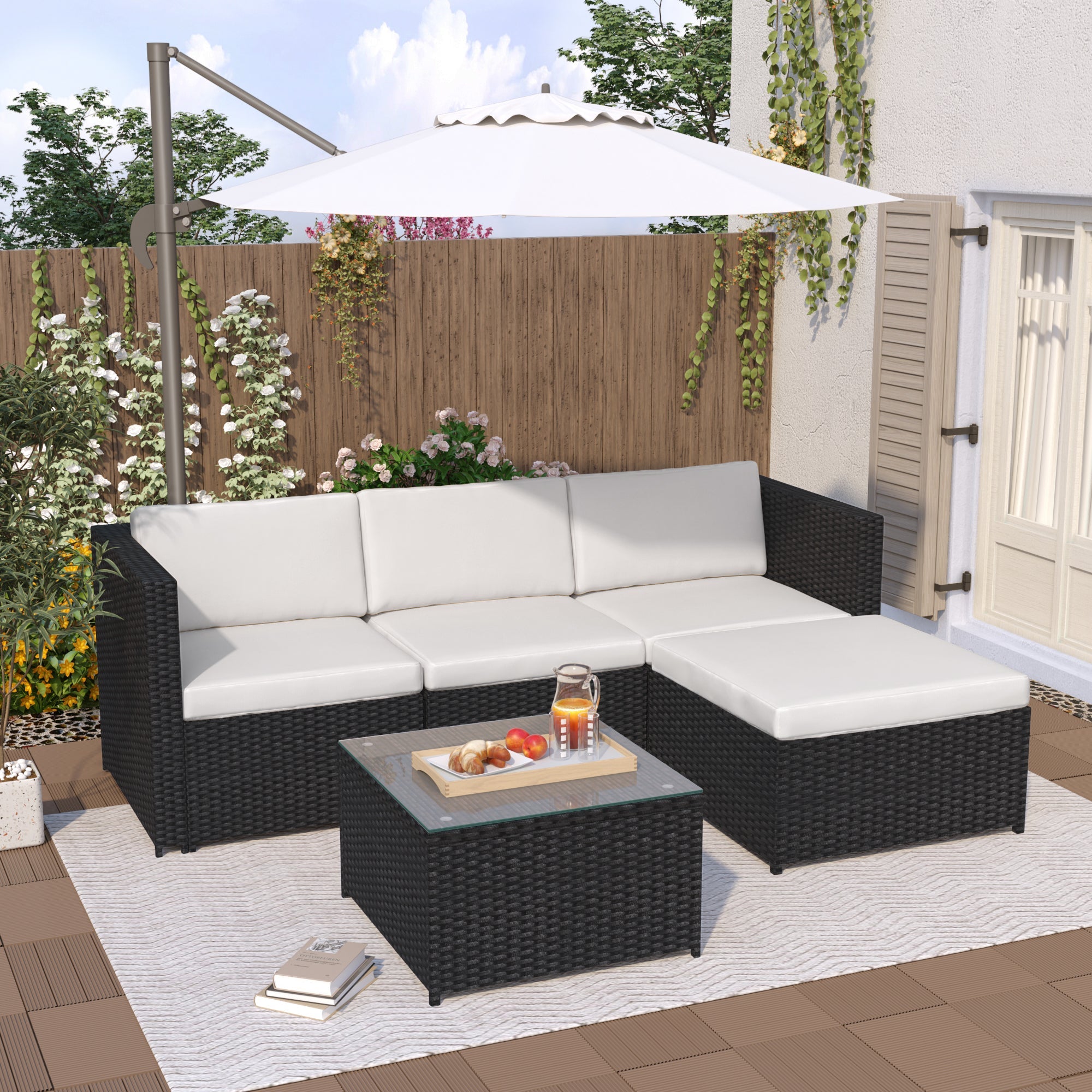 Polyrattan Lounge Sofa Set with Cushions and Glass Top Table, Black